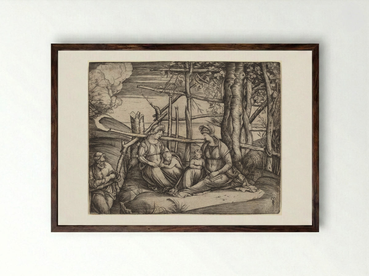 Holy Family with Saint Elizabeth and the infant Saint John the Baptist - Jacopo de' Barbari - Framed Print Dark Wood