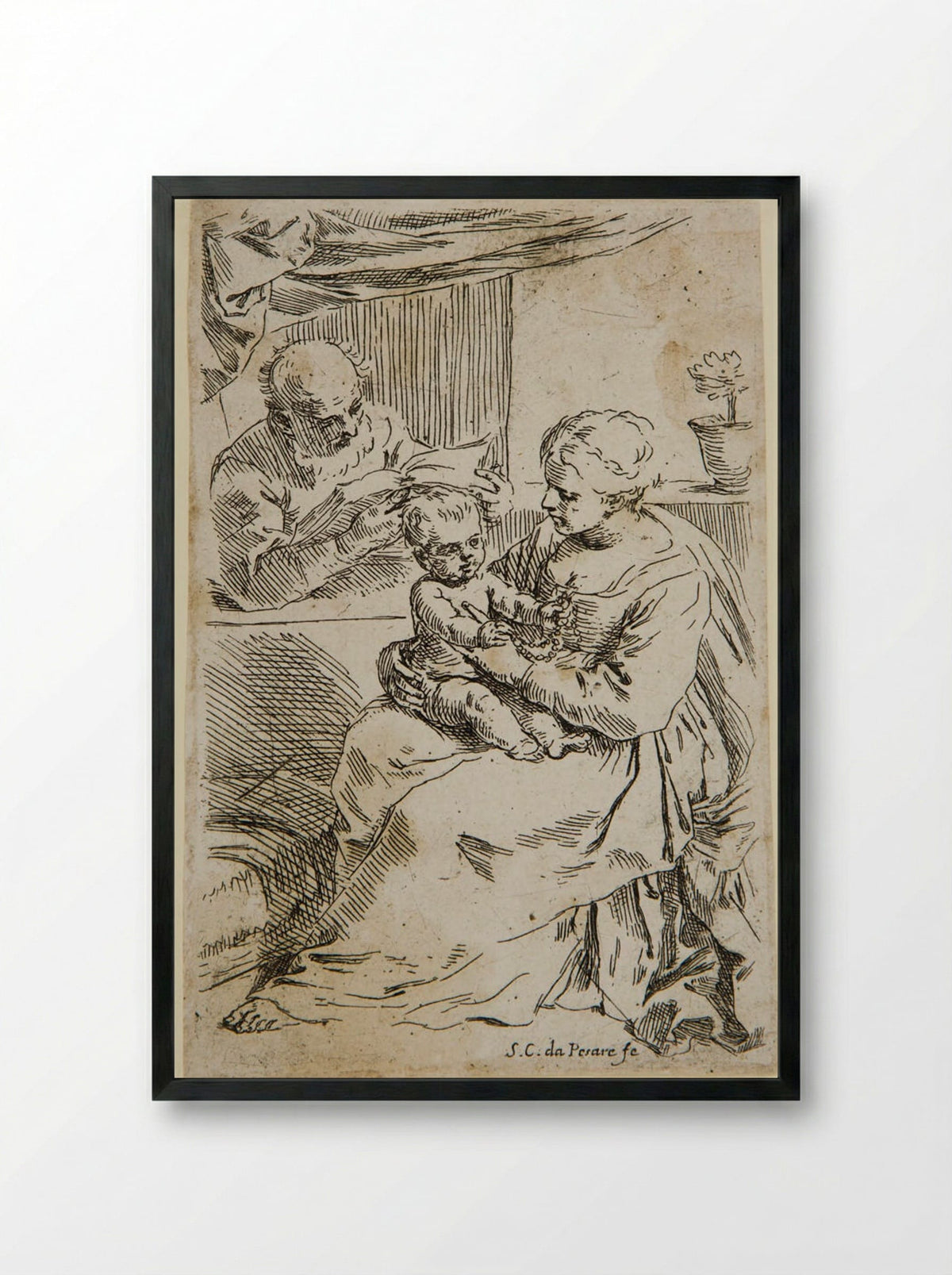 Holy Family with Saint Joseph Reading - Simone Cantarini - Framed Print Black