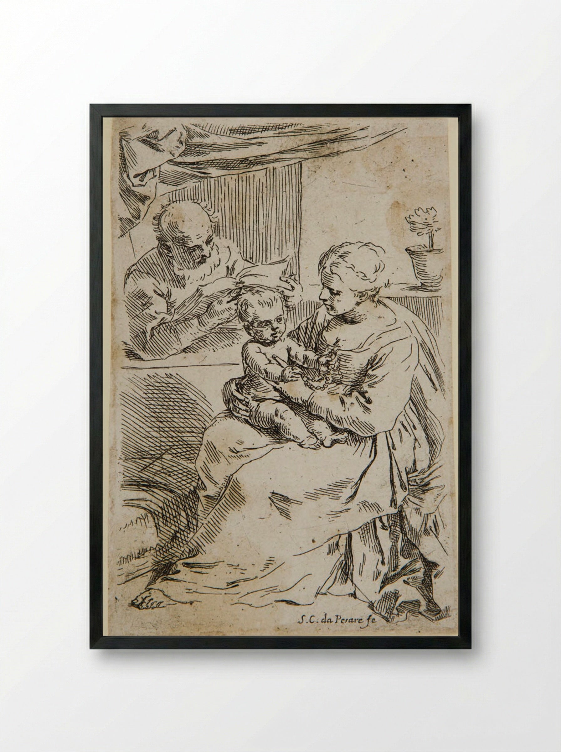 Holy Family with Saint Joseph Reading - Simone Cantarini - Framed Print Black