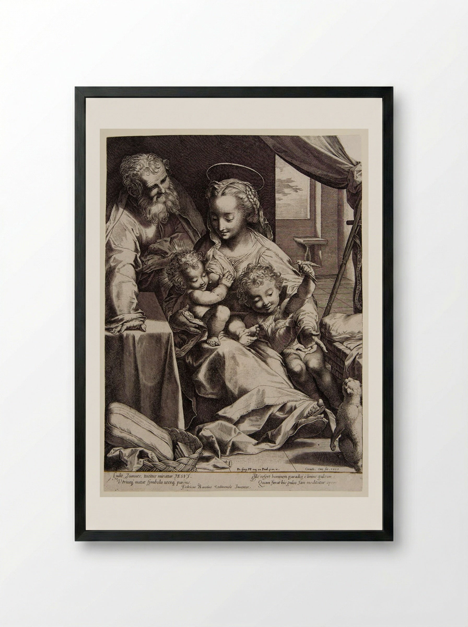 Holy Family with the Cat - Cornelis Cort - Framed Print Black