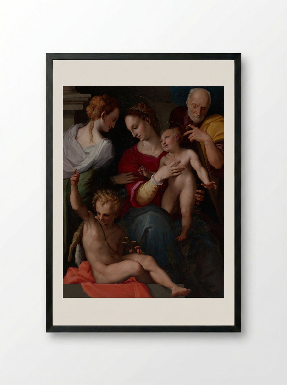Holy Family with the Mystic Marriage of Saint Catherine - Maso da San Friano - Framed Print Black