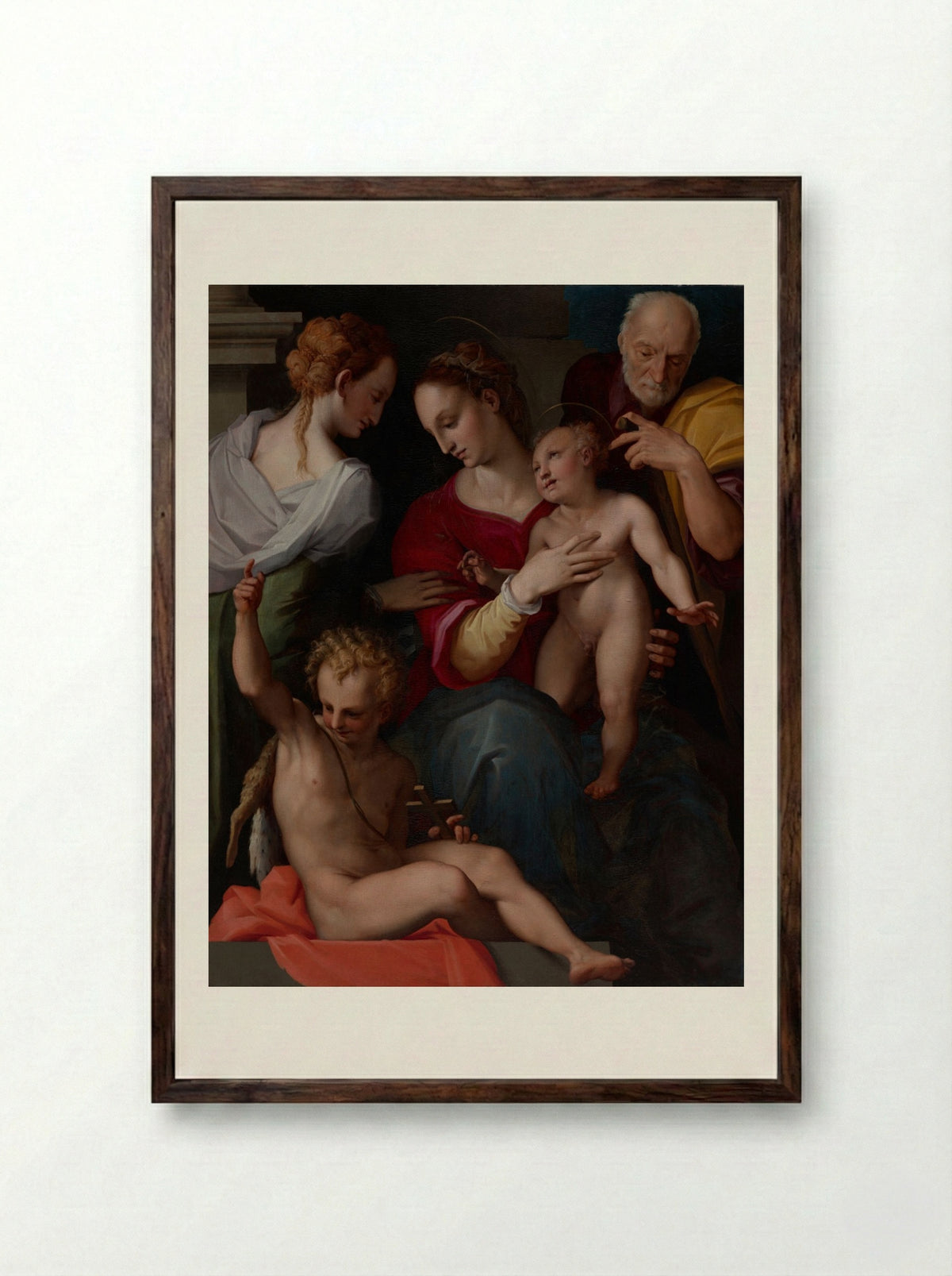 Holy Family with the Mystic Marriage of Saint Catherine - Maso da San Friano - Framed Print Dark Wood
