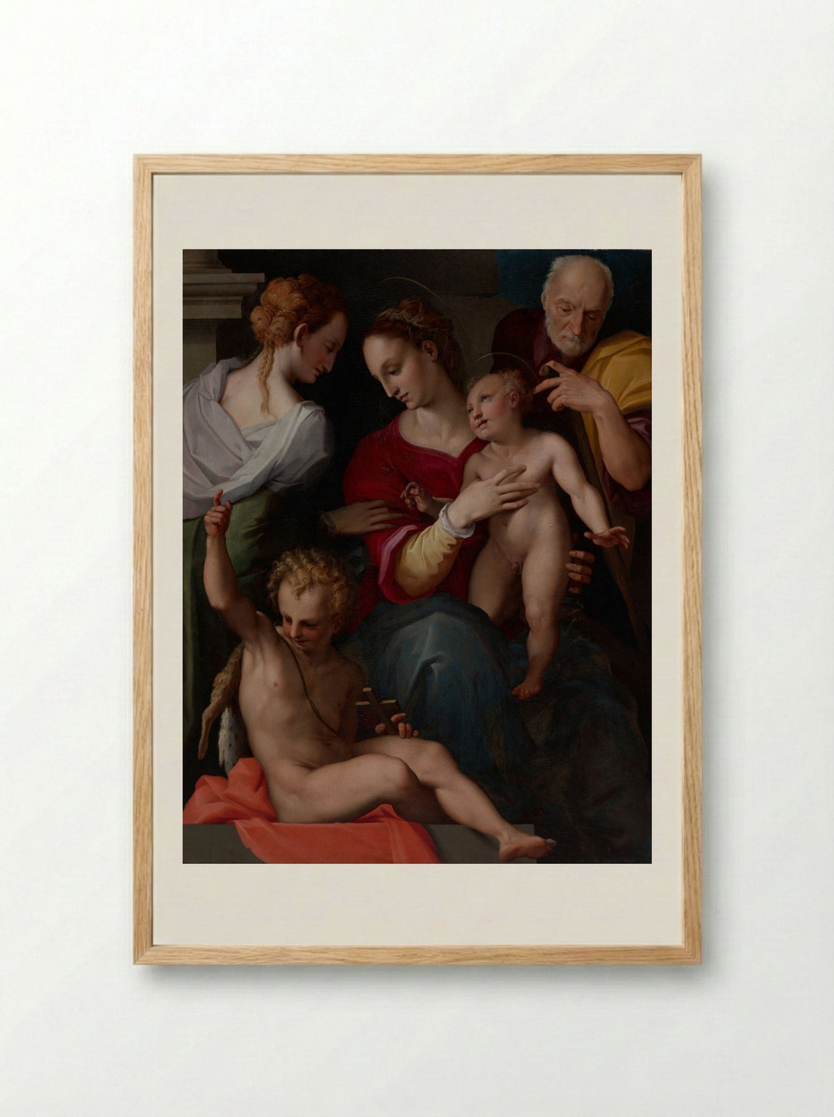 Holy Family with the Mystic Marriage of Saint Catherine - Maso da San Friano - Framed Print Wood