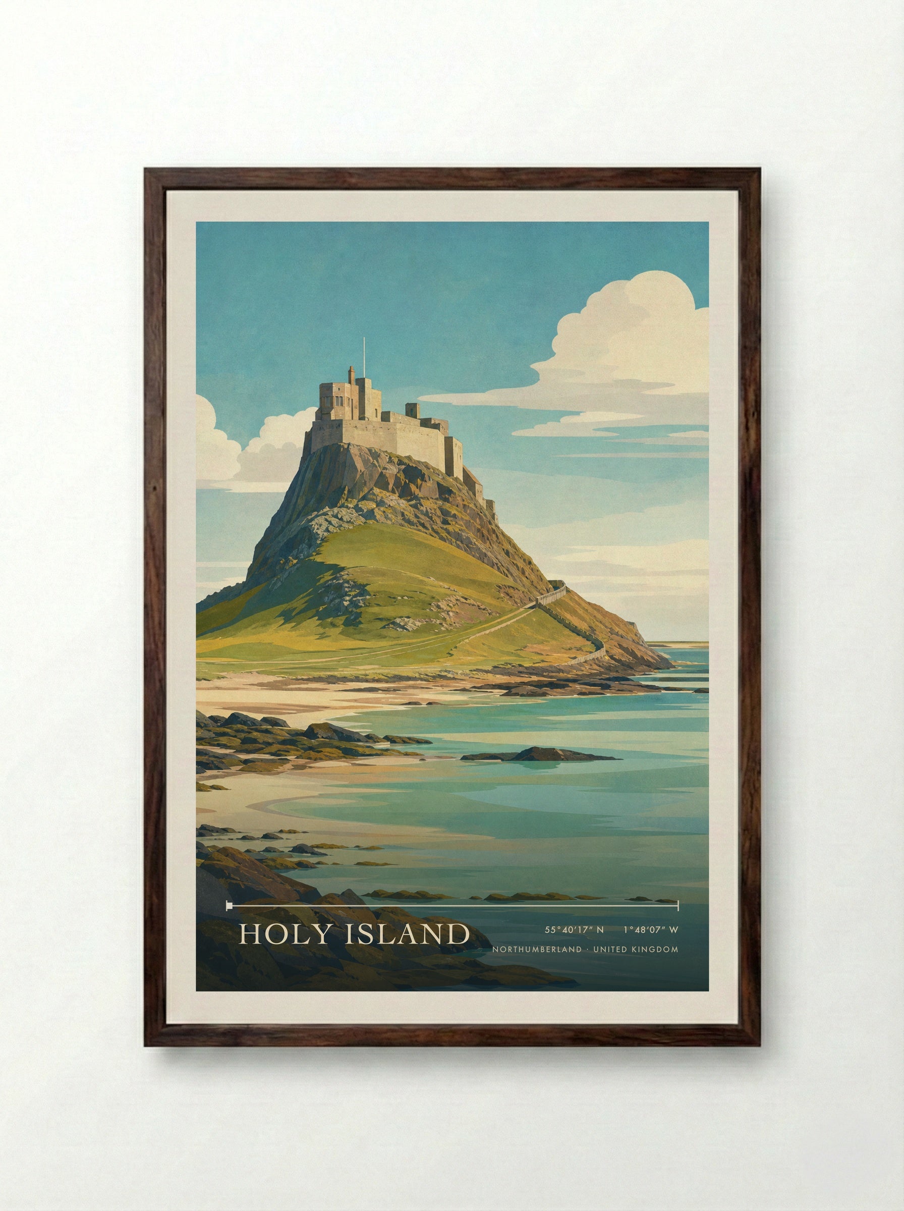 Holy Island Northumberland United Kingdom Travel Poster - Framed Print Dark Wood