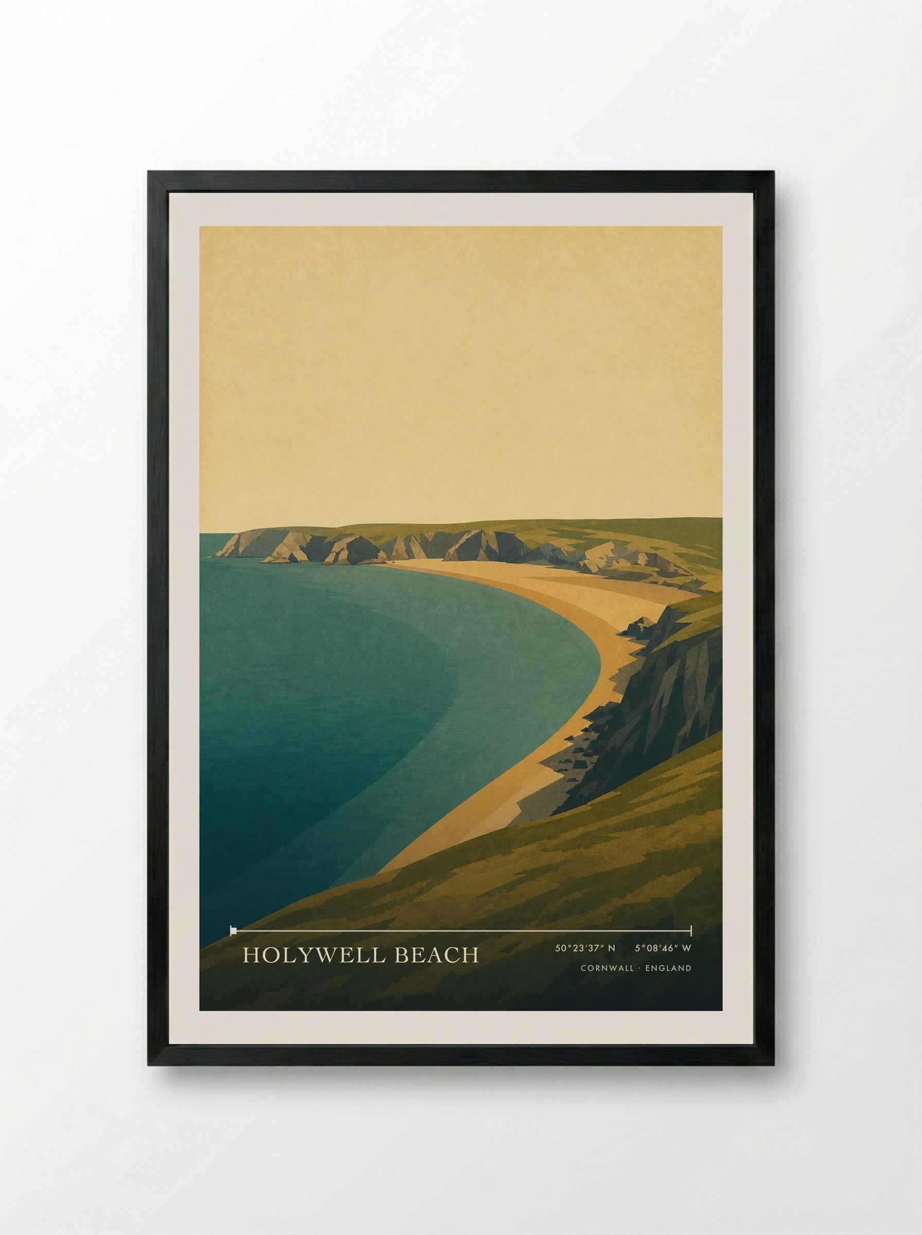 Holywell Beach Cornwall England Travel Poster - Framed Print Black