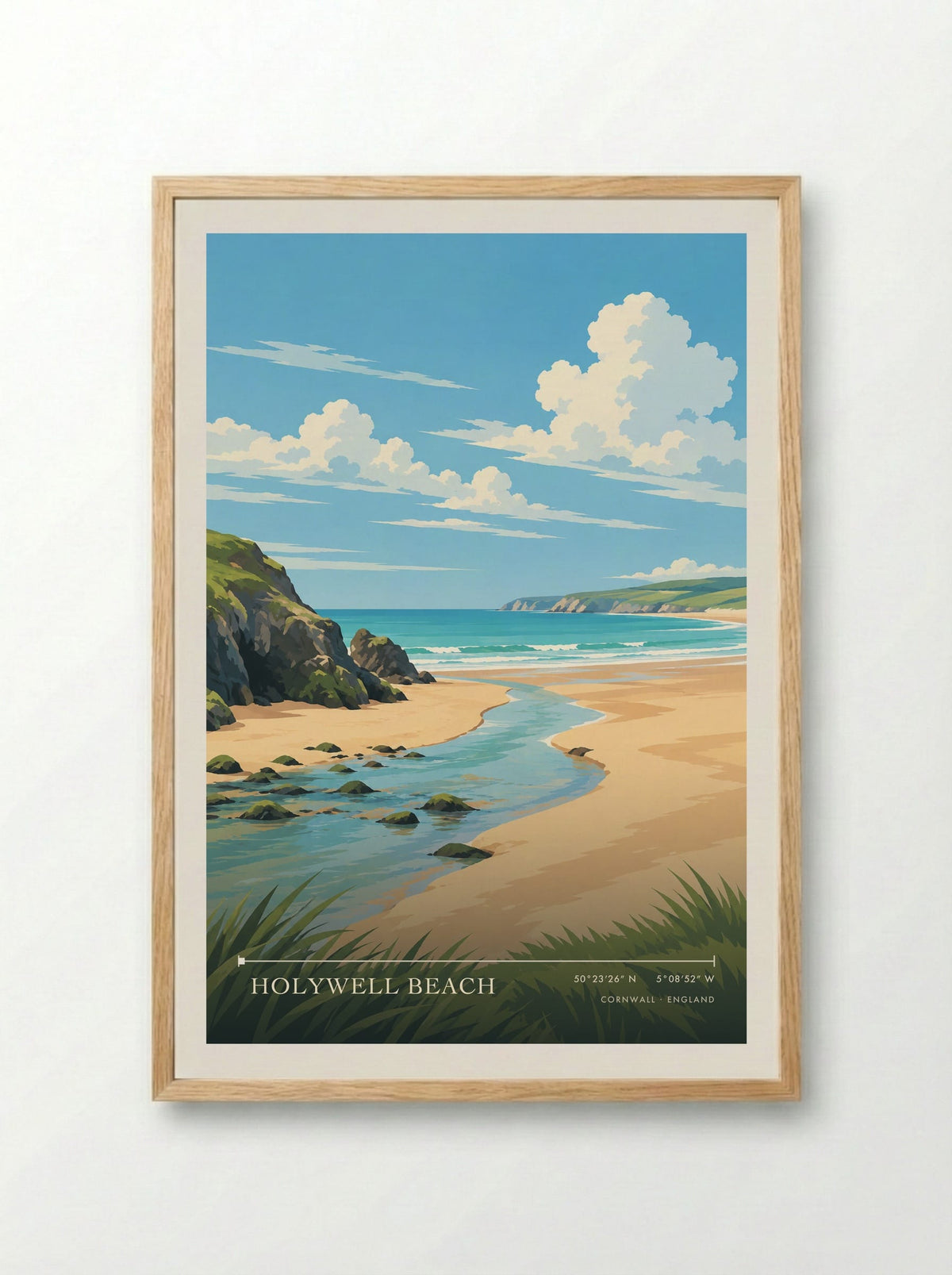 Holywell Beach, Cornwall | Travel Poster - Framed Print Wood