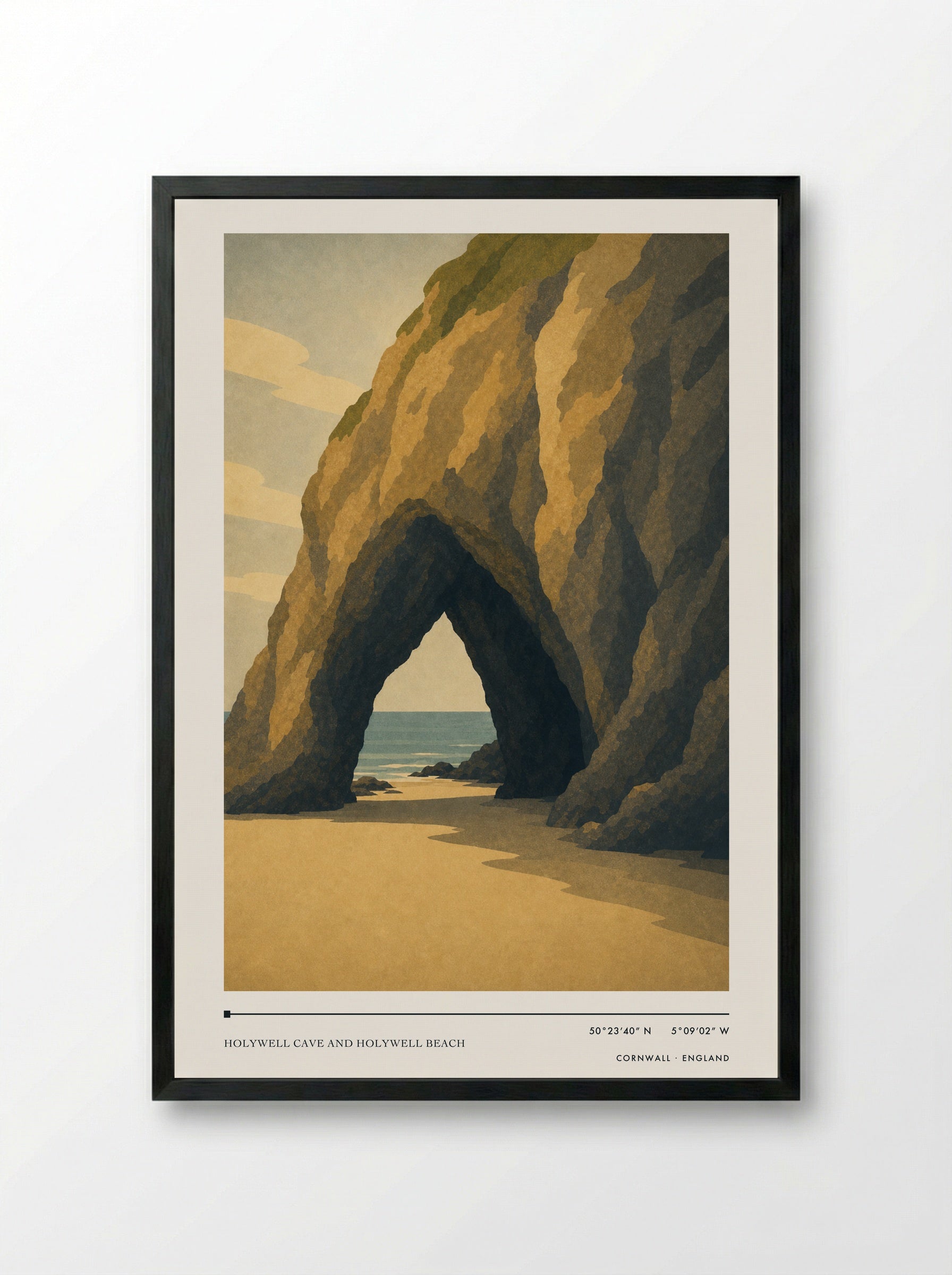 Holywell Cave and Holywell Beach Cornwall England Travel Poster - Framed Print Black