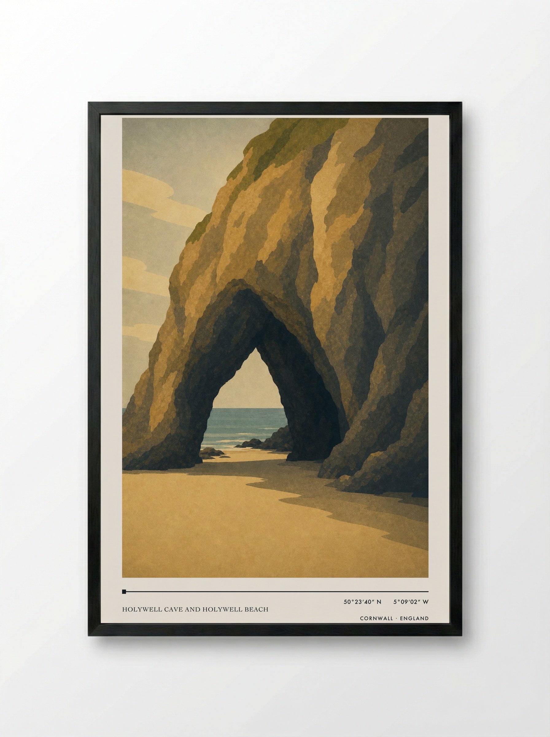 Holywell Cave and Holywell Beach Cornwall England Travel Poster - Framed Print Black