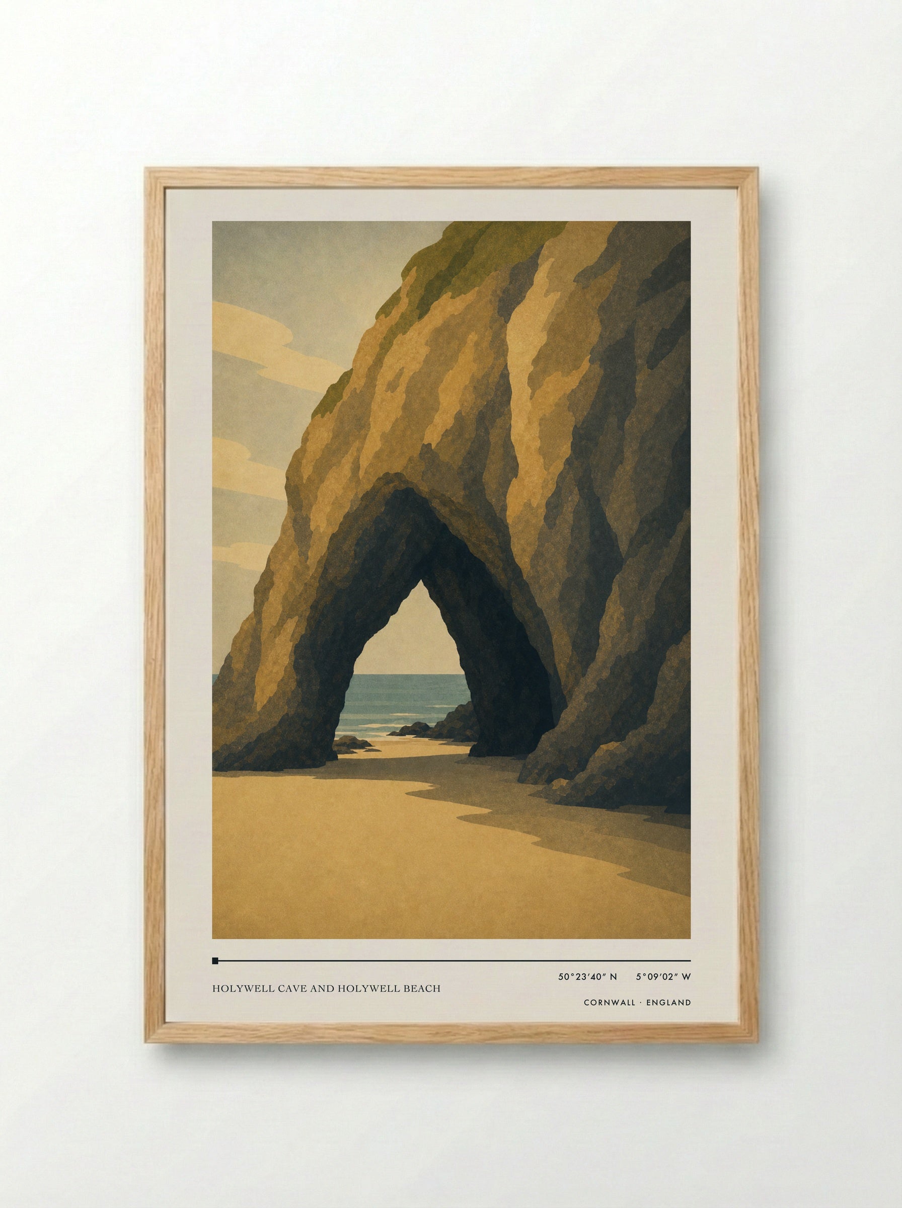 Holywell Cave and Holywell Beach Cornwall England Travel Poster - Framed Print Wood