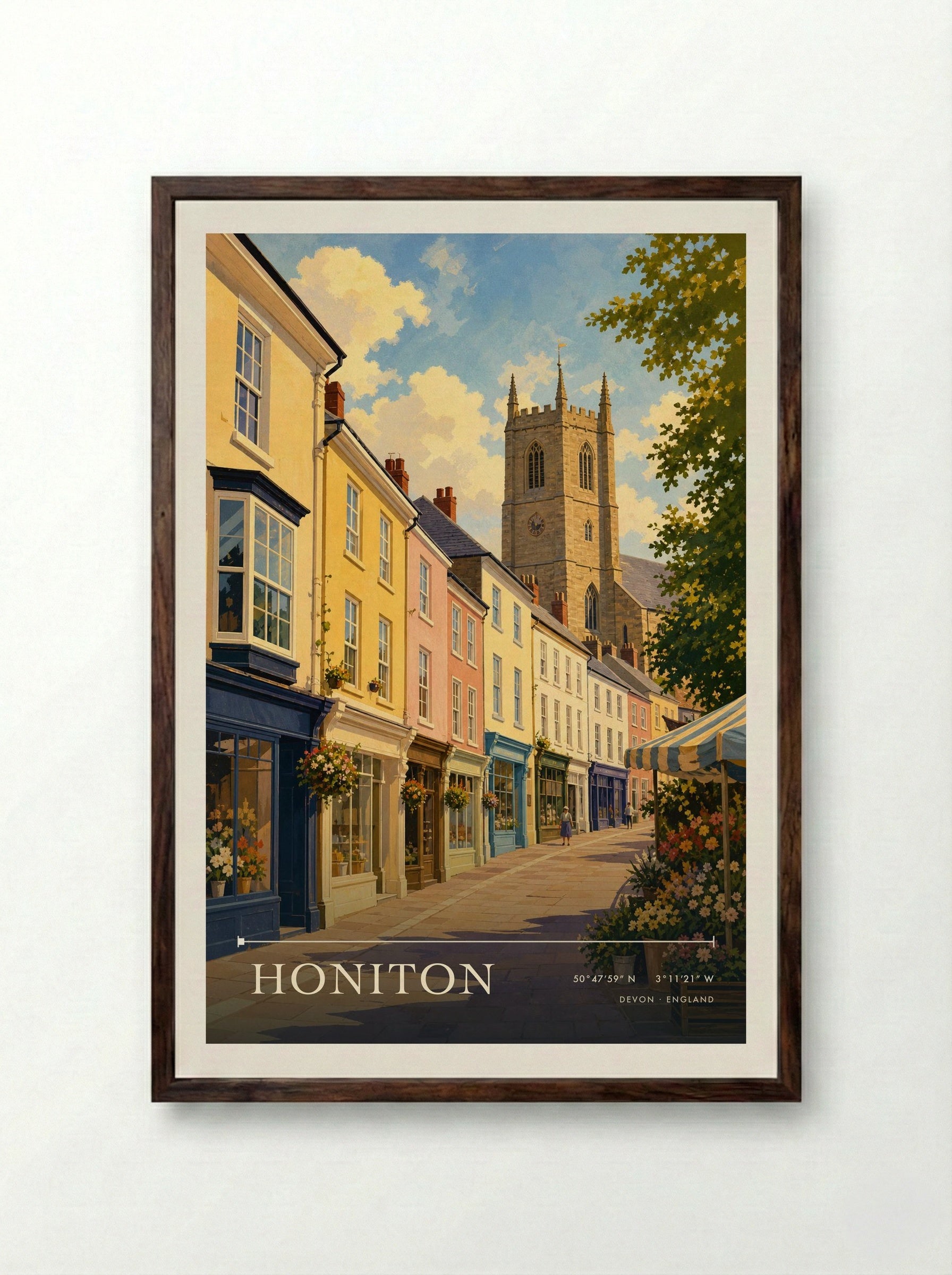 Honiton Devon England Travel Poster - Framed Print Dark Wood