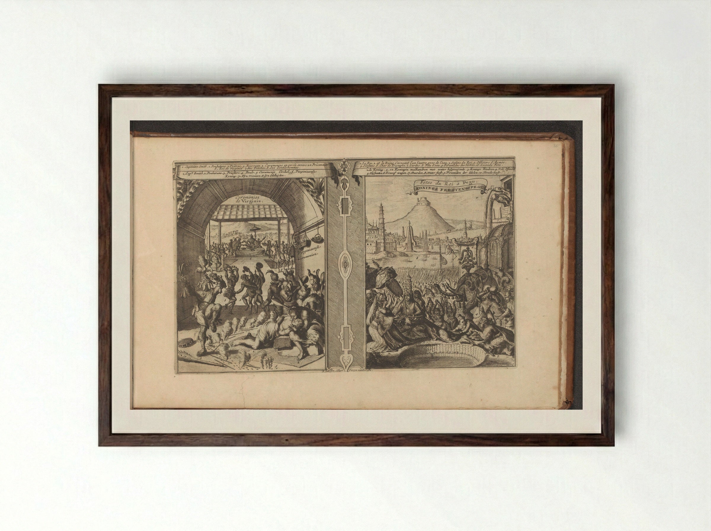Hoofdman Smith bij de Virginianen; Koninklijk feest in Pegu - Romeyn de Hooghe - Framed Print Dark Wood