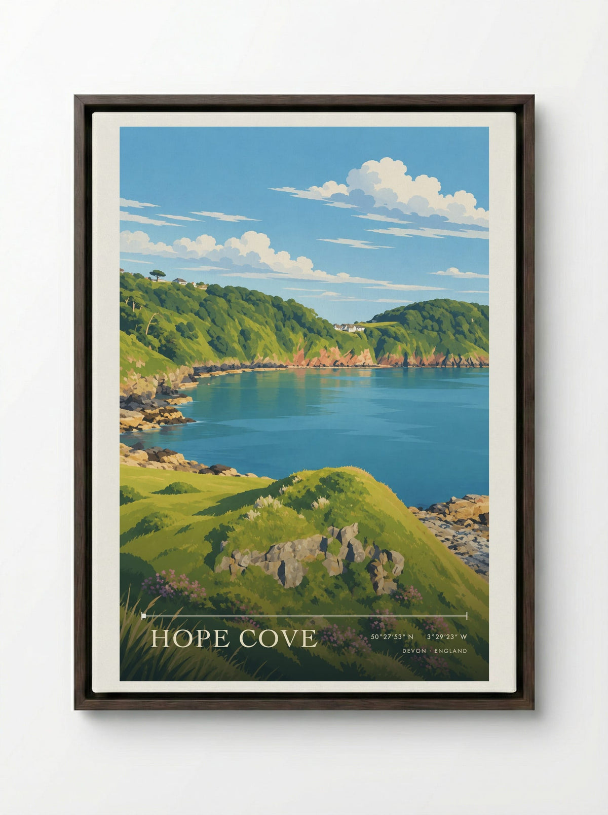 Hope Cove, Devon | Travel Poster - Framed Canvas Dark Wood