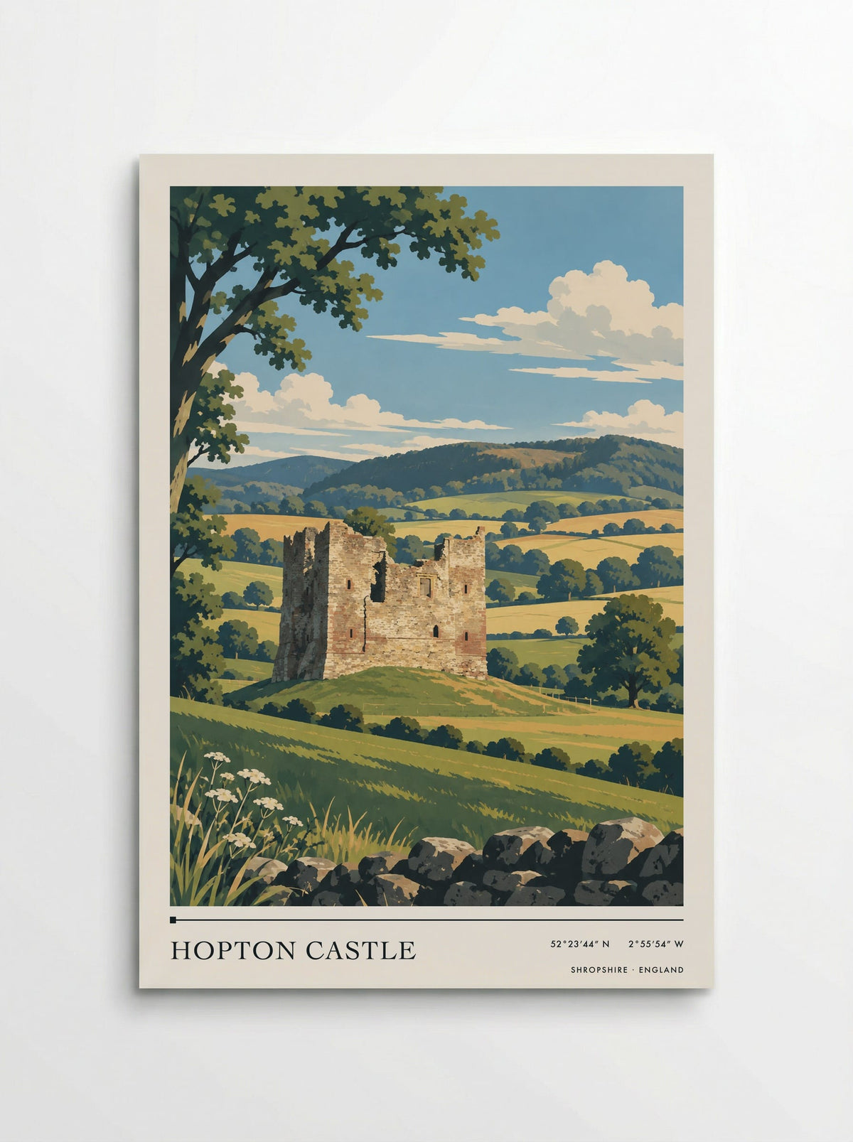 Hopton Castle, Shropshire travel poster: broken stone walls on a grassy mound, green fields and wooded hills beneath a bright summer-like sky