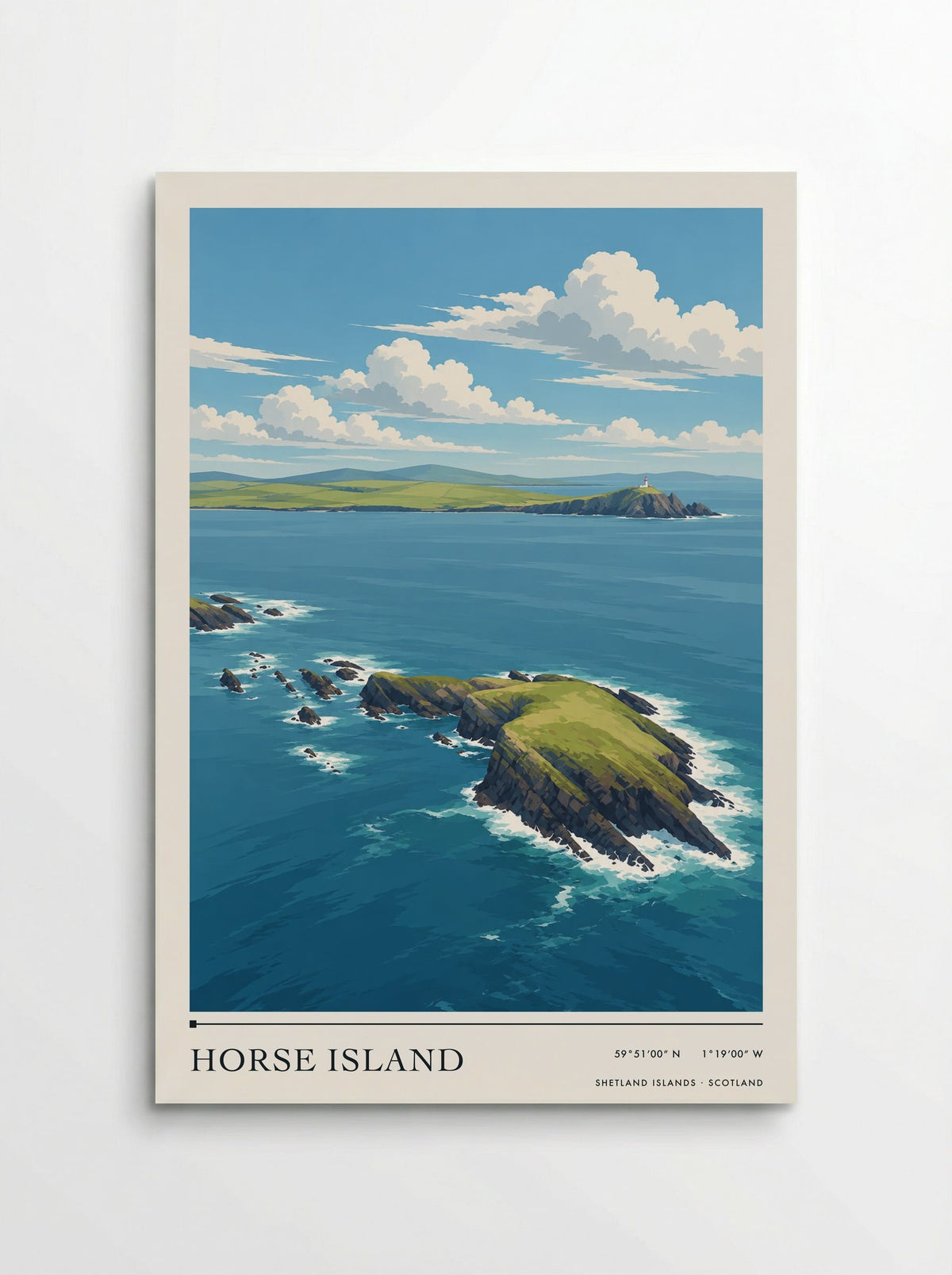 Horse Island, Shetland Islands travel poster: a grassy rock crown, jagged dark cliffs and white surf against blue water below a distant summer coastline