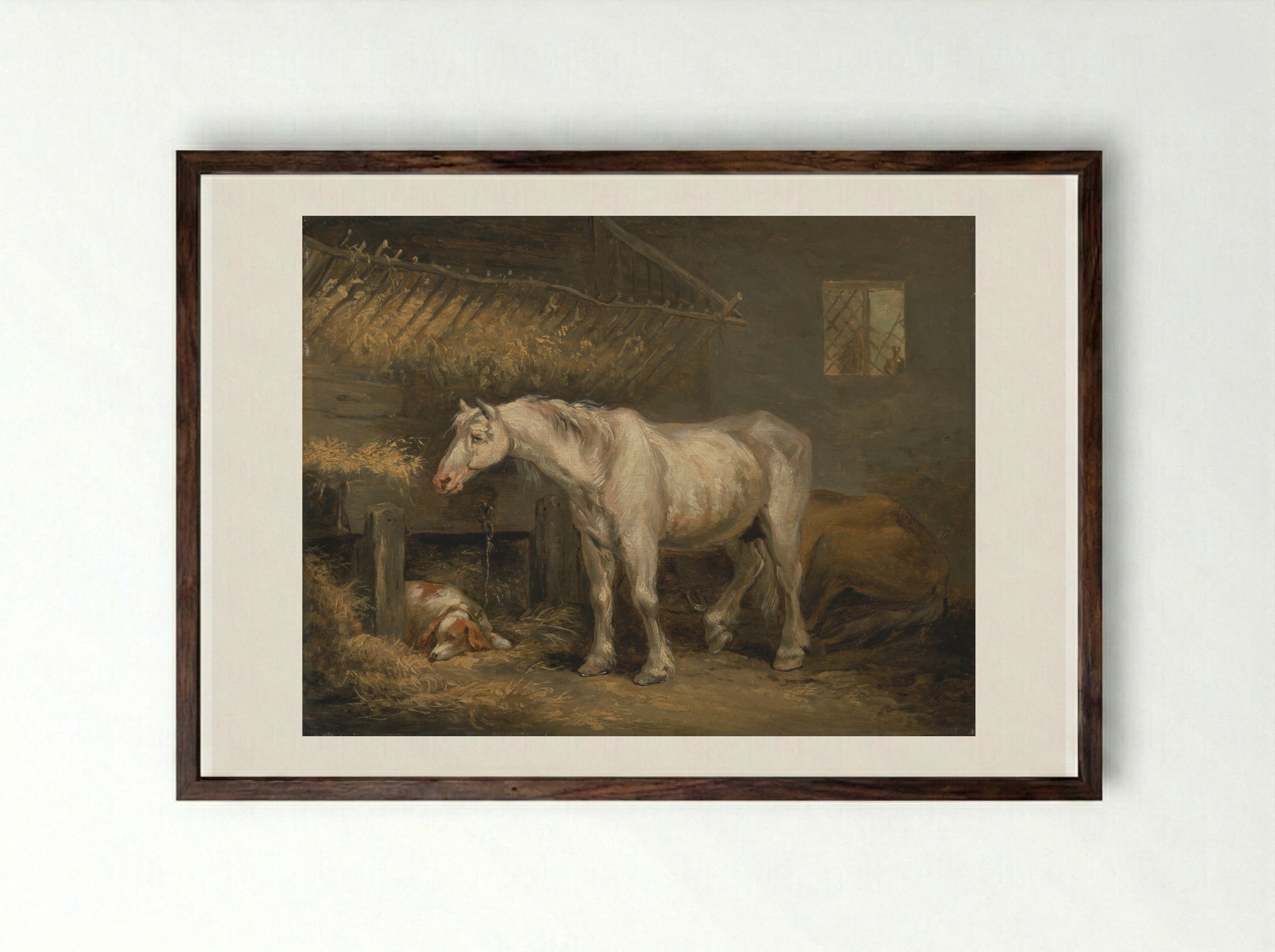 Horse and Dog in a Stable - George Morland - Framed Print Dark Wood