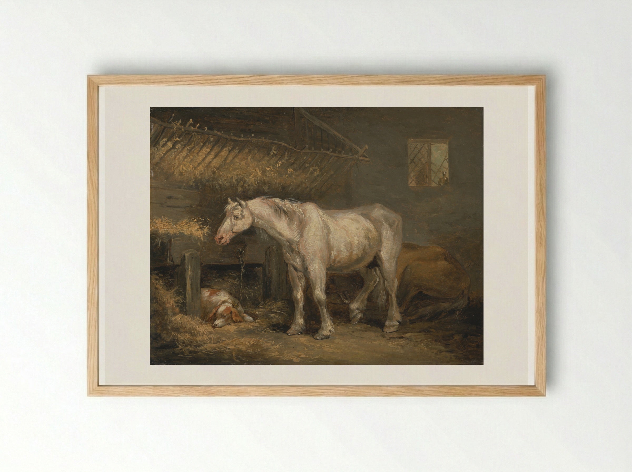 Horse and Dog in a Stable - George Morland - Framed Print Wood