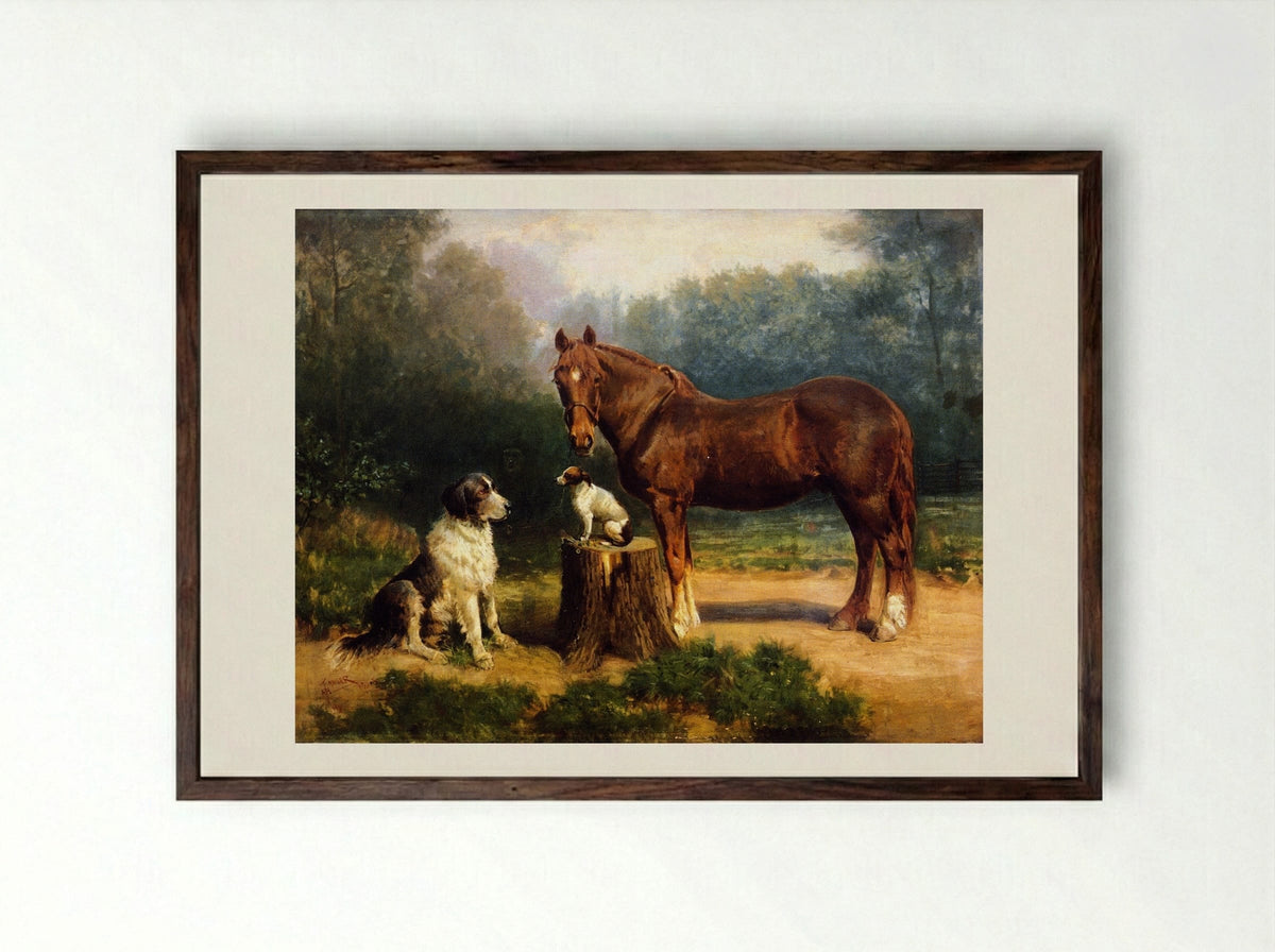 Horse and Two Dogs in a Landscape - Henry Ossawa Tanner - Framed Print Dark Wood