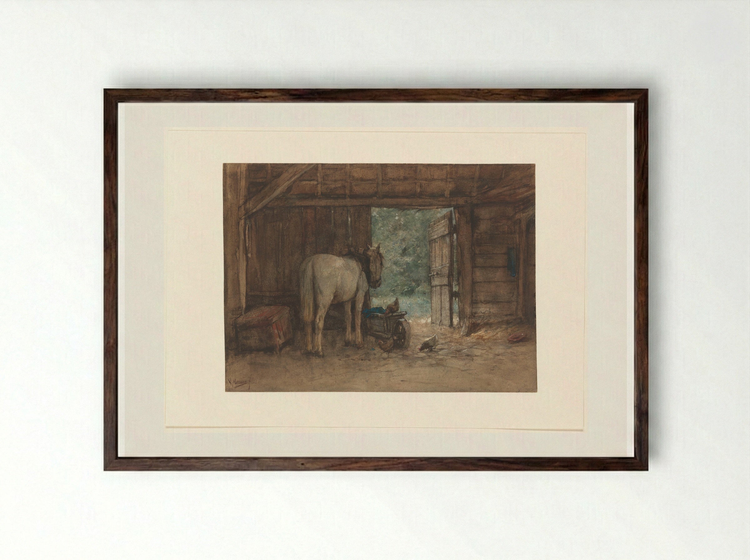 Horse in a Stable by an Open Stable Door - Anton Mauve - Framed Print Dark Wood