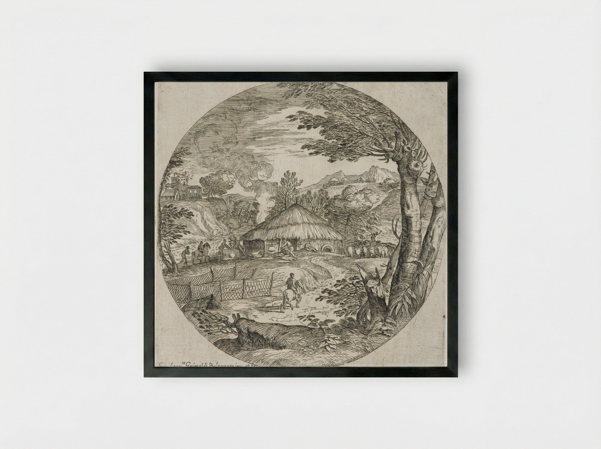 Horseman Approaching a Thatched Cottage - Giovanni Francesco Grimaldi - Framed Print Black