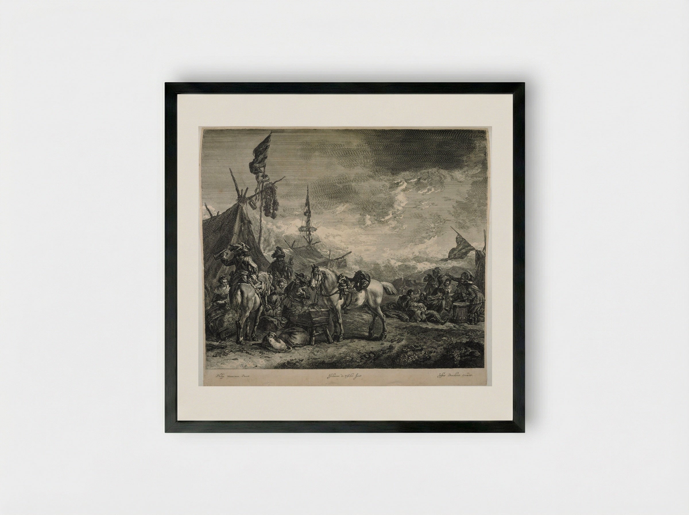 Horses at a Trough - Johannes Visscher - Framed Print Black