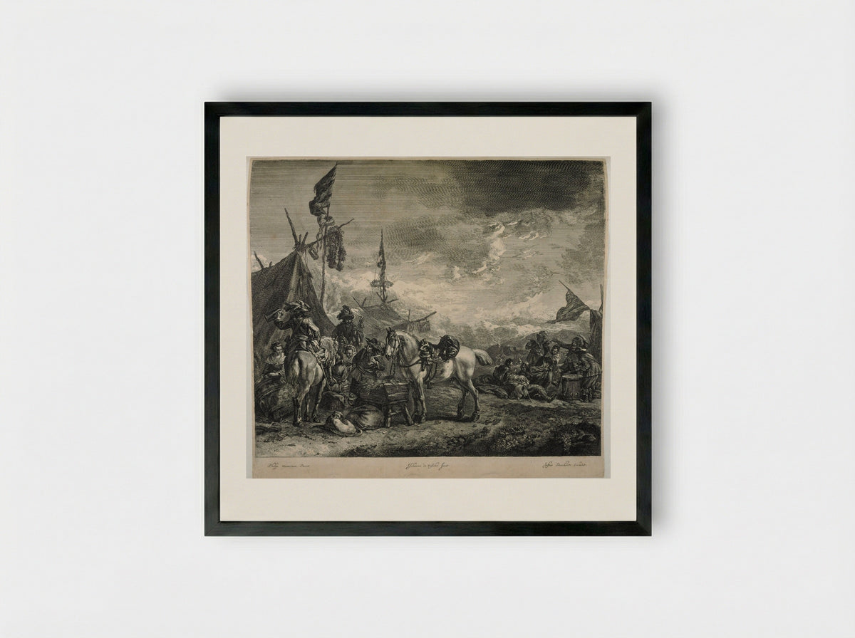 Horses at a Trough - Johannes Visscher - Framed Print Black