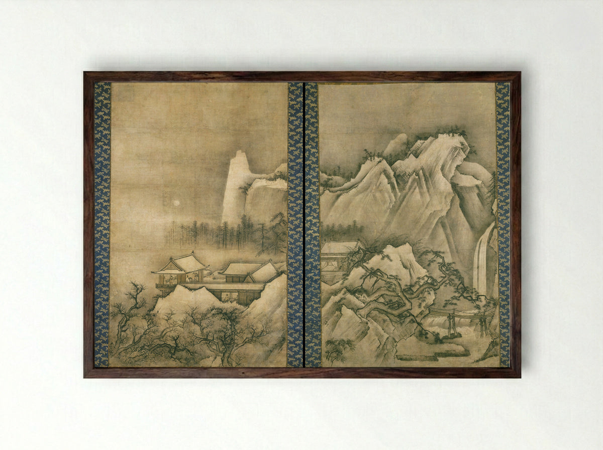 Horses in Stables (Umaya-zu byobu) - Unknown artist - Framed Print Dark Wood