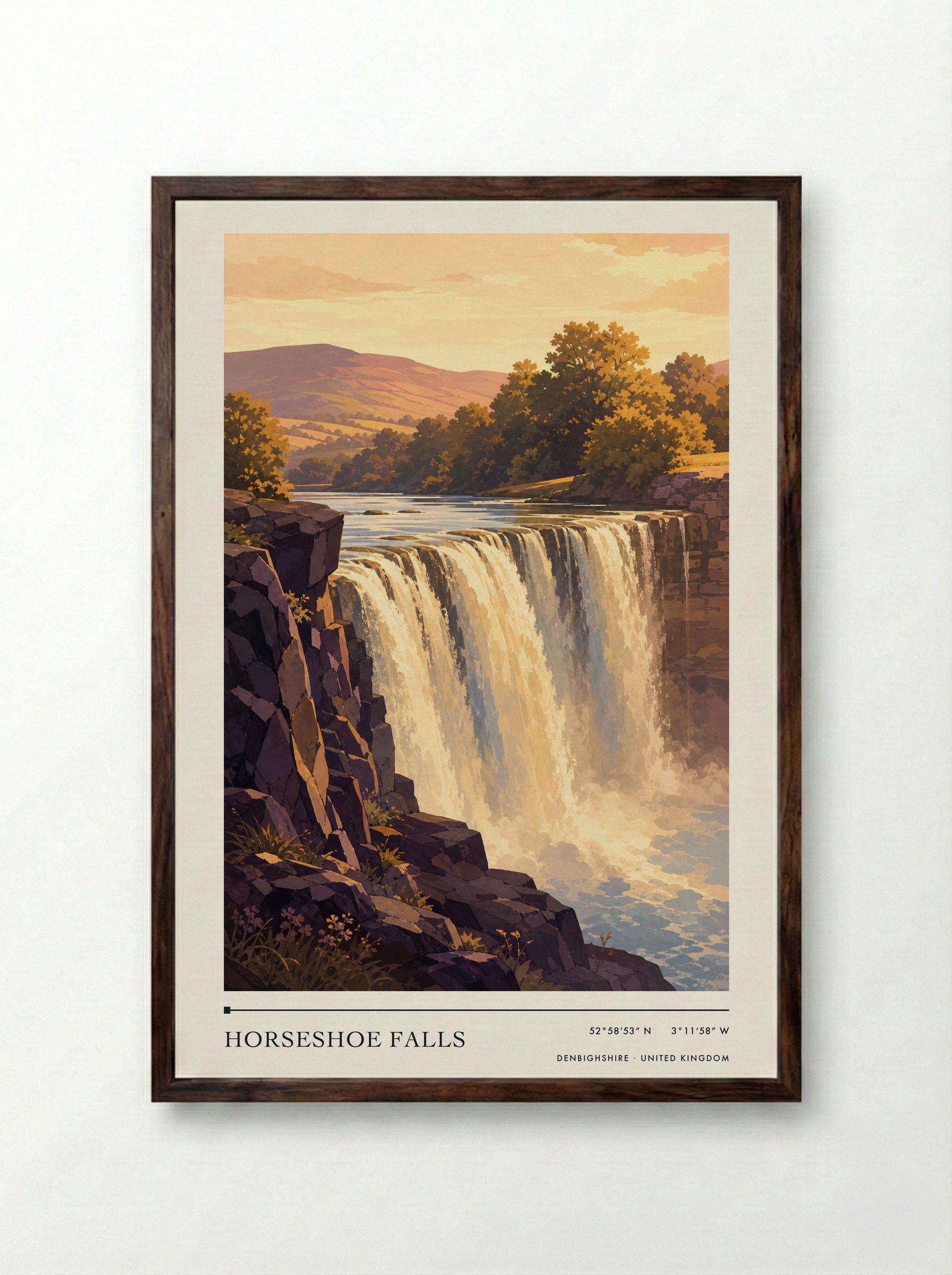 Horseshoe Falls Denbighshire United Kingdom Travel Poster - Framed Print Dark Wood