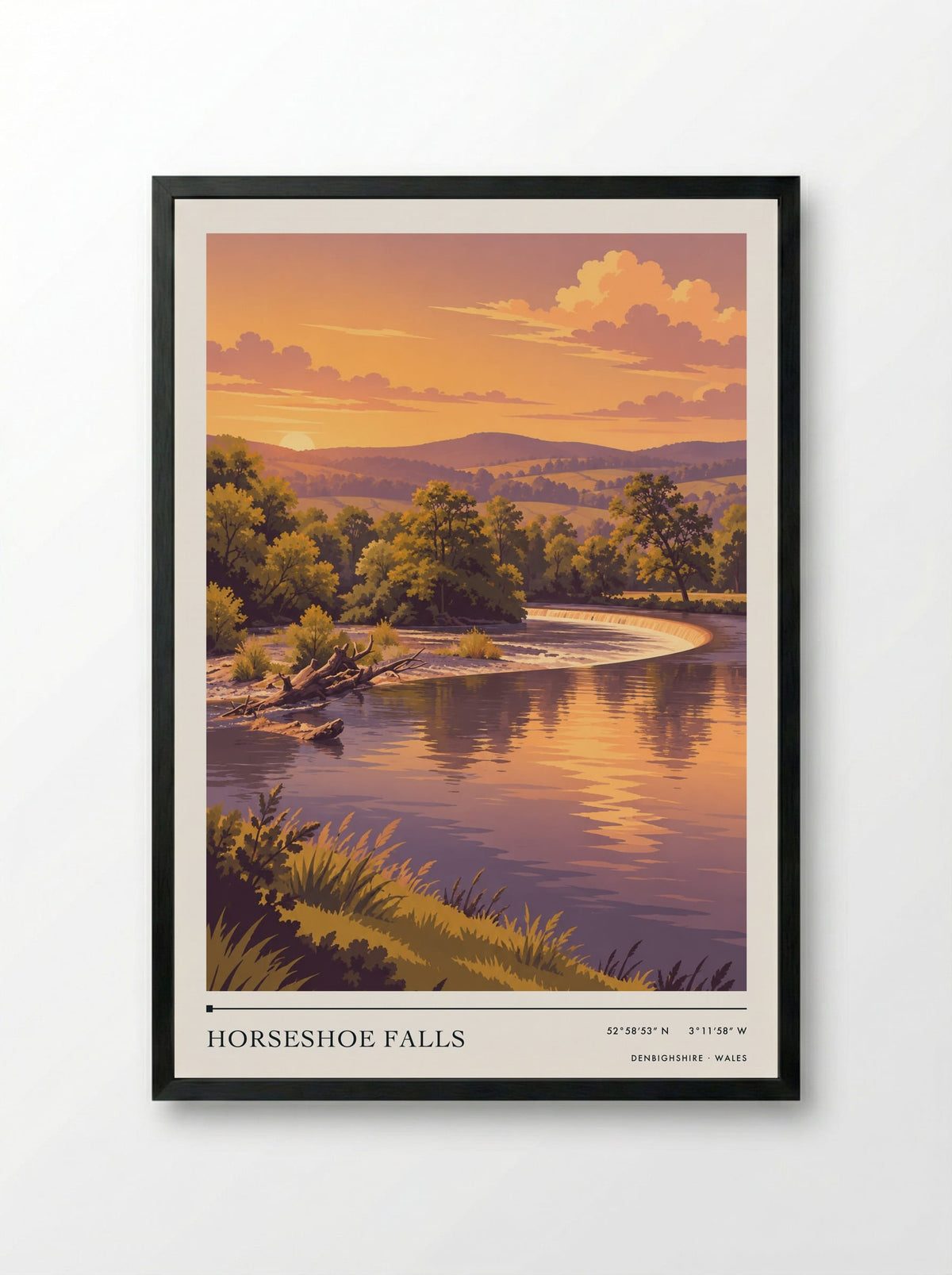 Horseshoe Falls, Denbighshire | Travel Poster - Framed Print Black