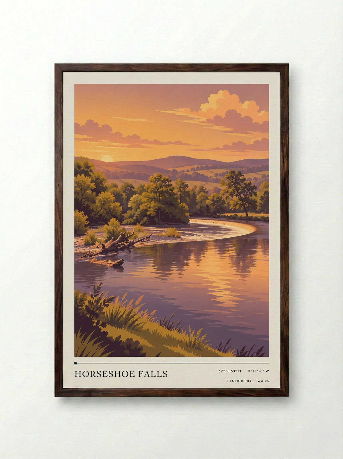 Horseshoe Falls, Denbighshire | Travel Poster - Framed Print Dark Wood