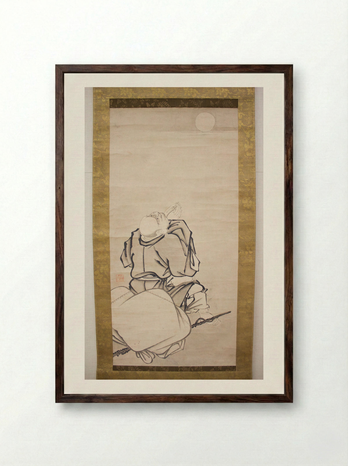 Hotei Admiring the Moon - Ikei Shūtoku - Framed Print Dark Wood