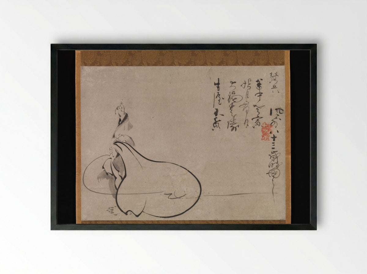Hotei Pointing at the Moon - Fūgai Ekun - Framed Print Black