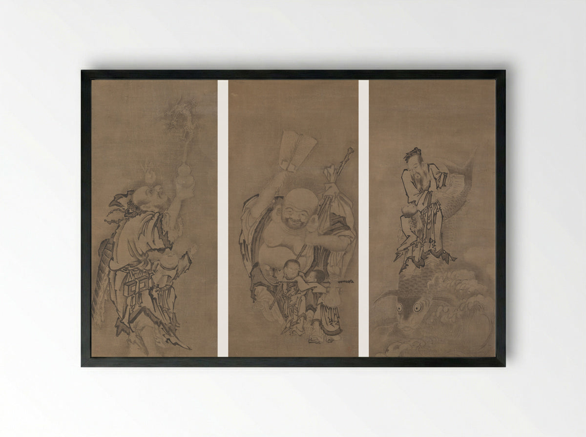 Hotei with Daoist Immortals - Kyūseki Tomonobu - Framed Print Black