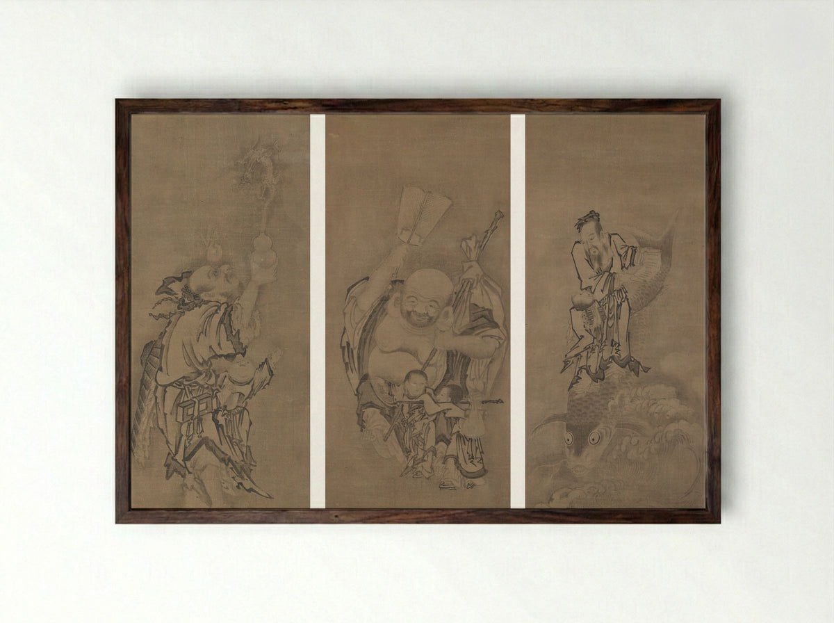 Hotei with Daoist Immortals - Kyūseki Tomonobu - Framed Print Dark Wood