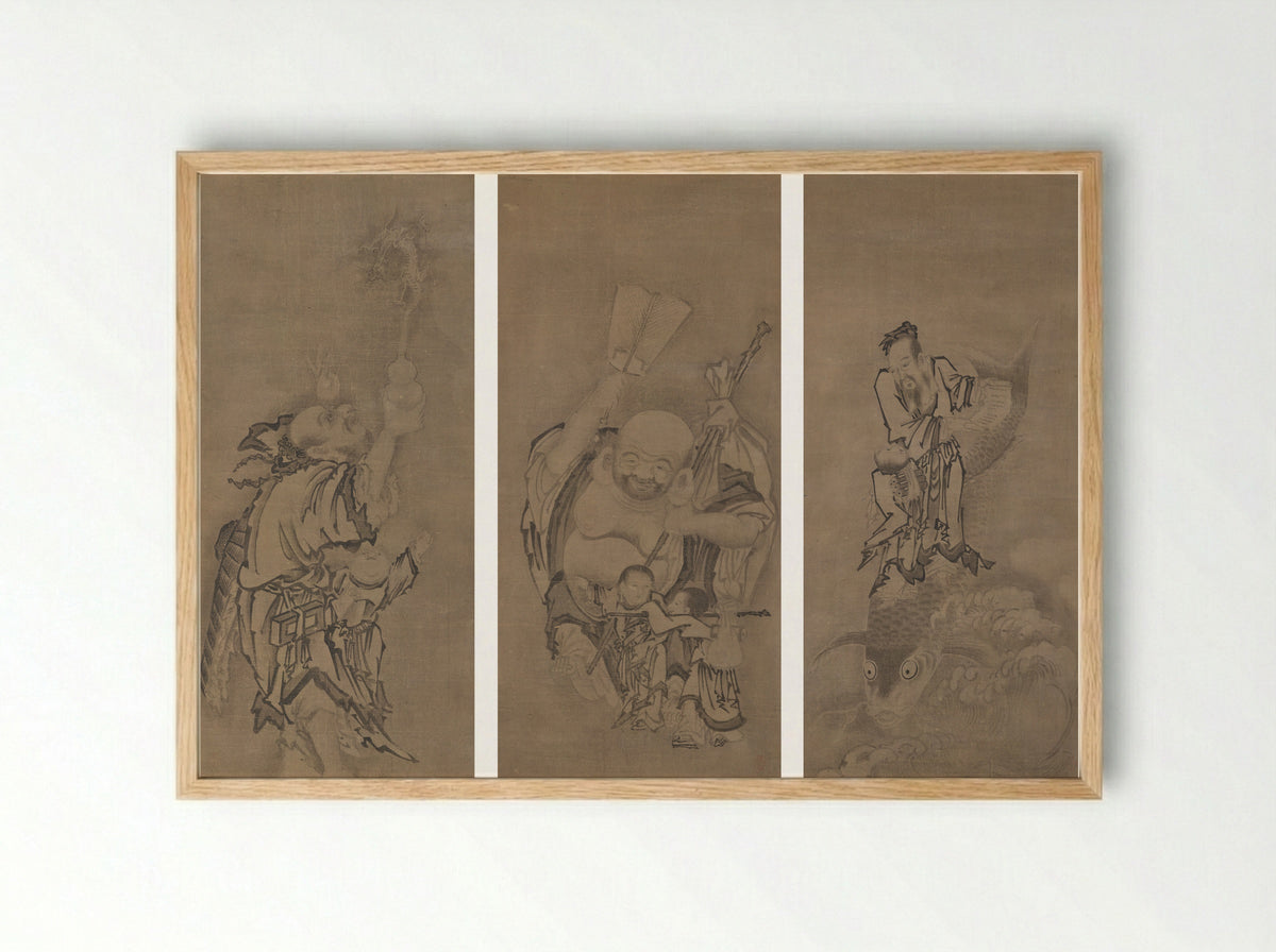 Hotei with Daoist Immortals - Kyūseki Tomonobu - Framed Print Wood