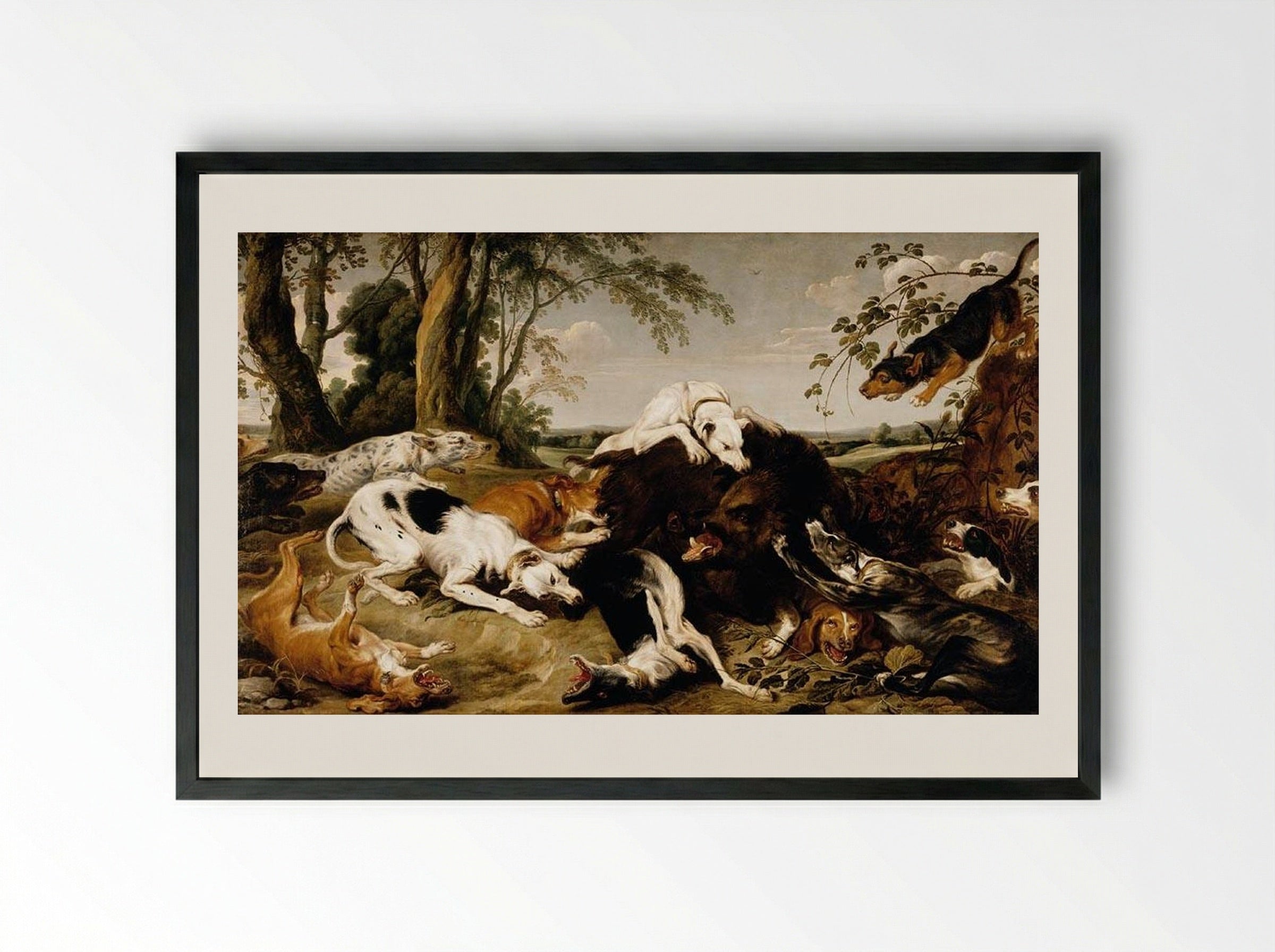 Hounds Bringing down a Boar - Frans Snyders - Framed Print Black