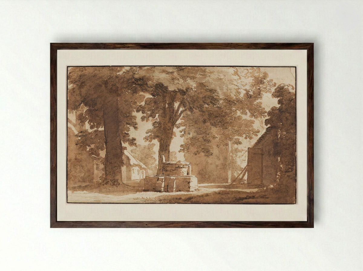 Houses and a Well near Koudekerk - Jan de Bisschop - Framed Print Dark Wood