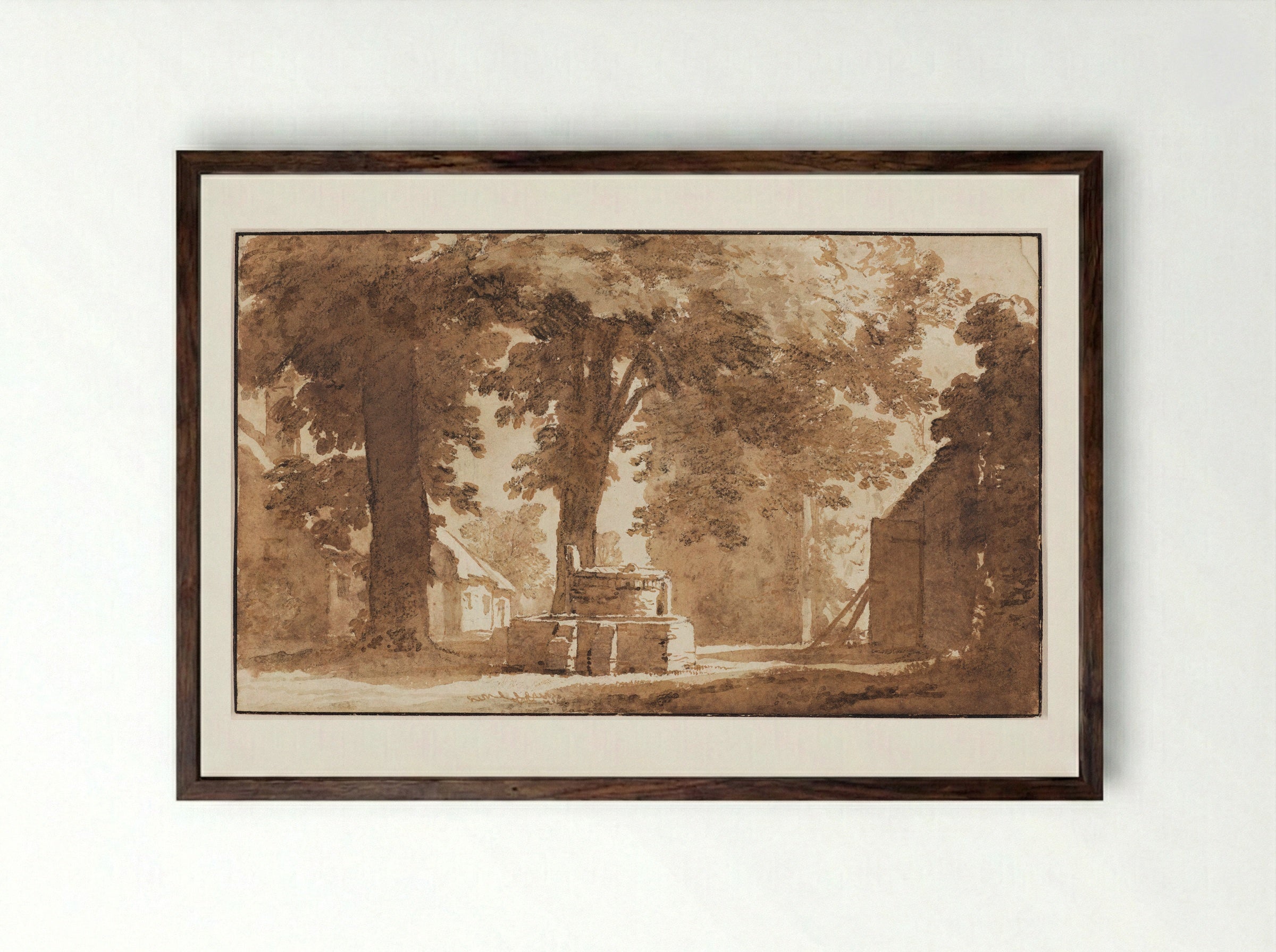 Houses and a Well near Koudekerk - Jan de Bisschop - Framed Print Dark Wood
