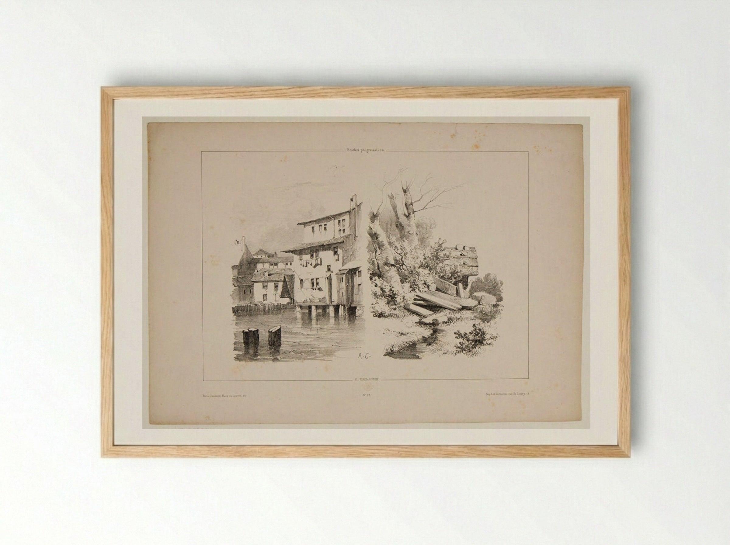 Houses on Stilts; Study of Timber and a Stream - Alexandre Calame - Framed Print Wood