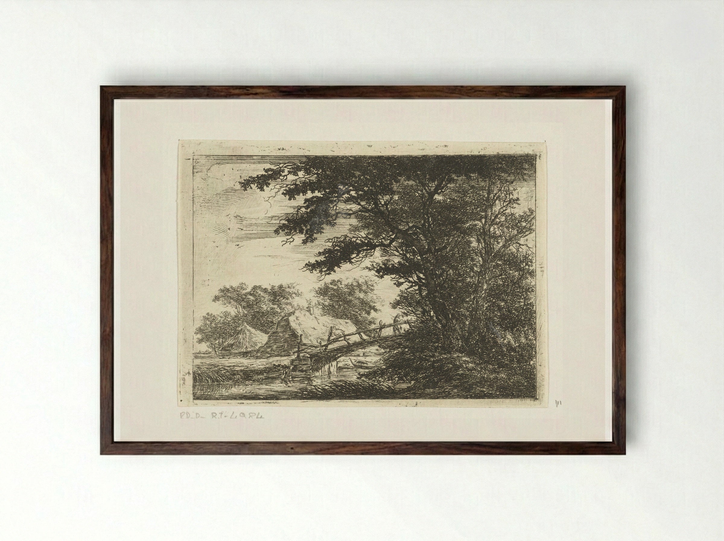 Houten brug bij huizen - Hermanus van Brussel - Framed Print Dark Wood