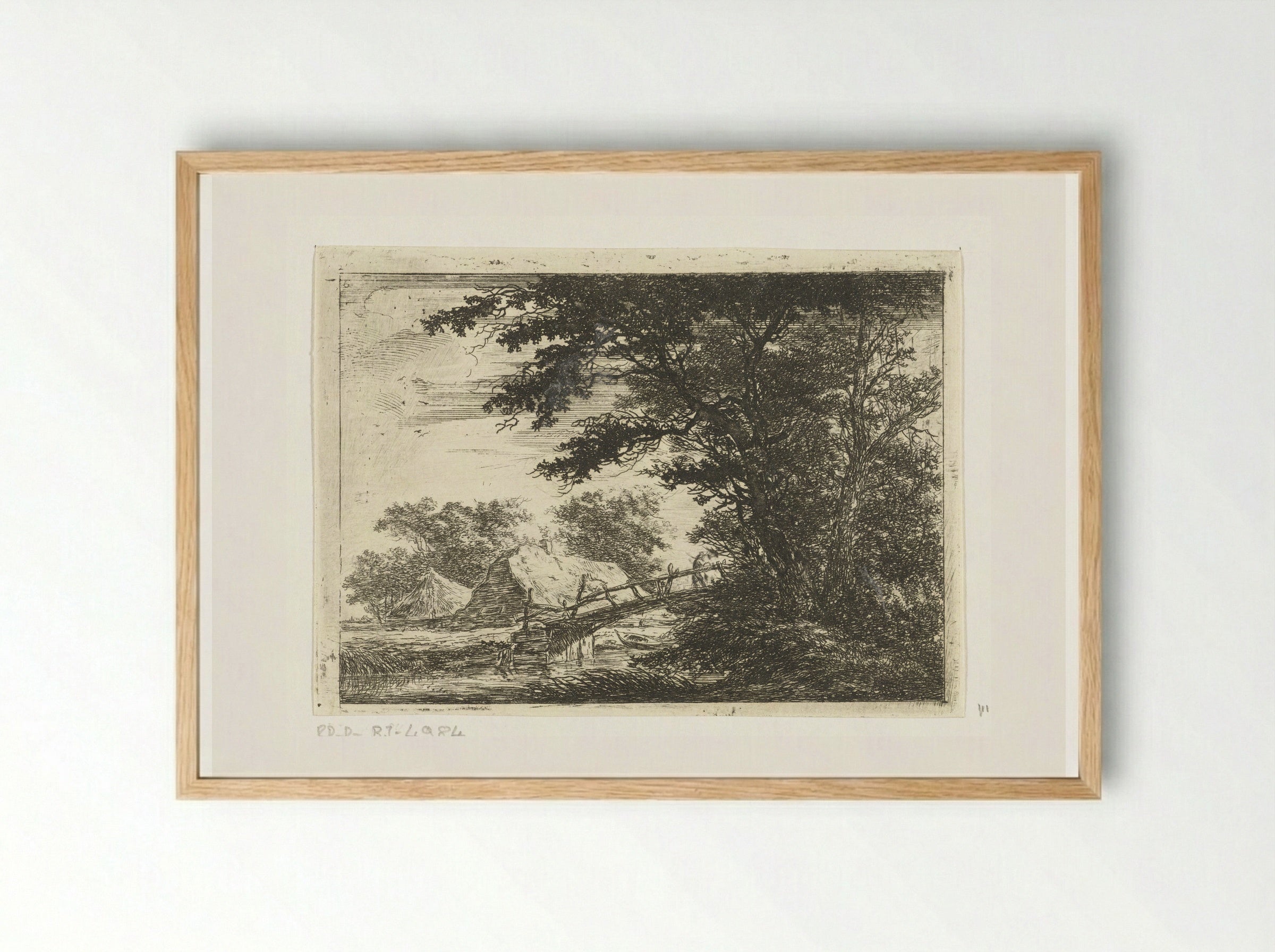 Houten brug bij huizen - Hermanus van Brussel - Framed Print Wood