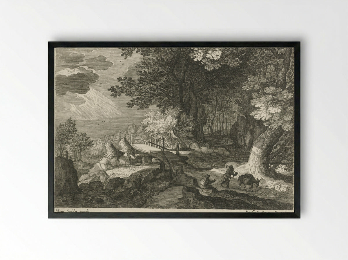 Houten brug in een boslandschap - Aegidius Sadeler (II) - Framed Print Black