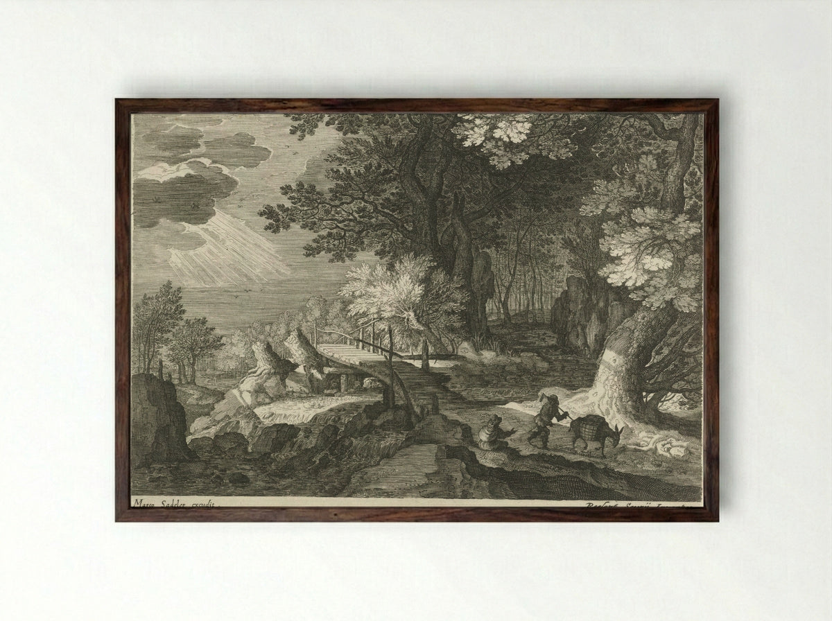 Houten brug in een boslandschap - Aegidius Sadeler (II) - Framed Print Dark Wood