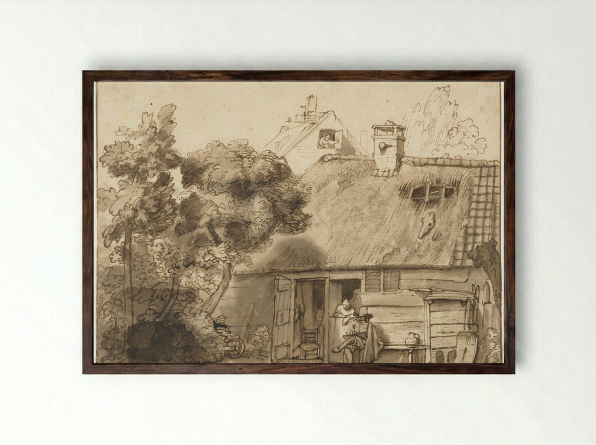 Houten huis en tekenaar - Abraham Furnerius - Framed Print Dark Wood