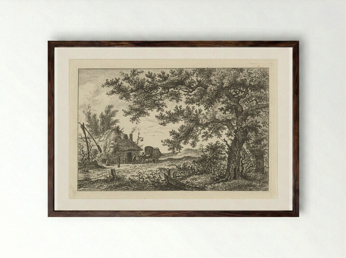 Huifkar bij boerderij (Covered Wagon by a Farmhouse) - Hermanus Fock - Framed Print Dark Wood