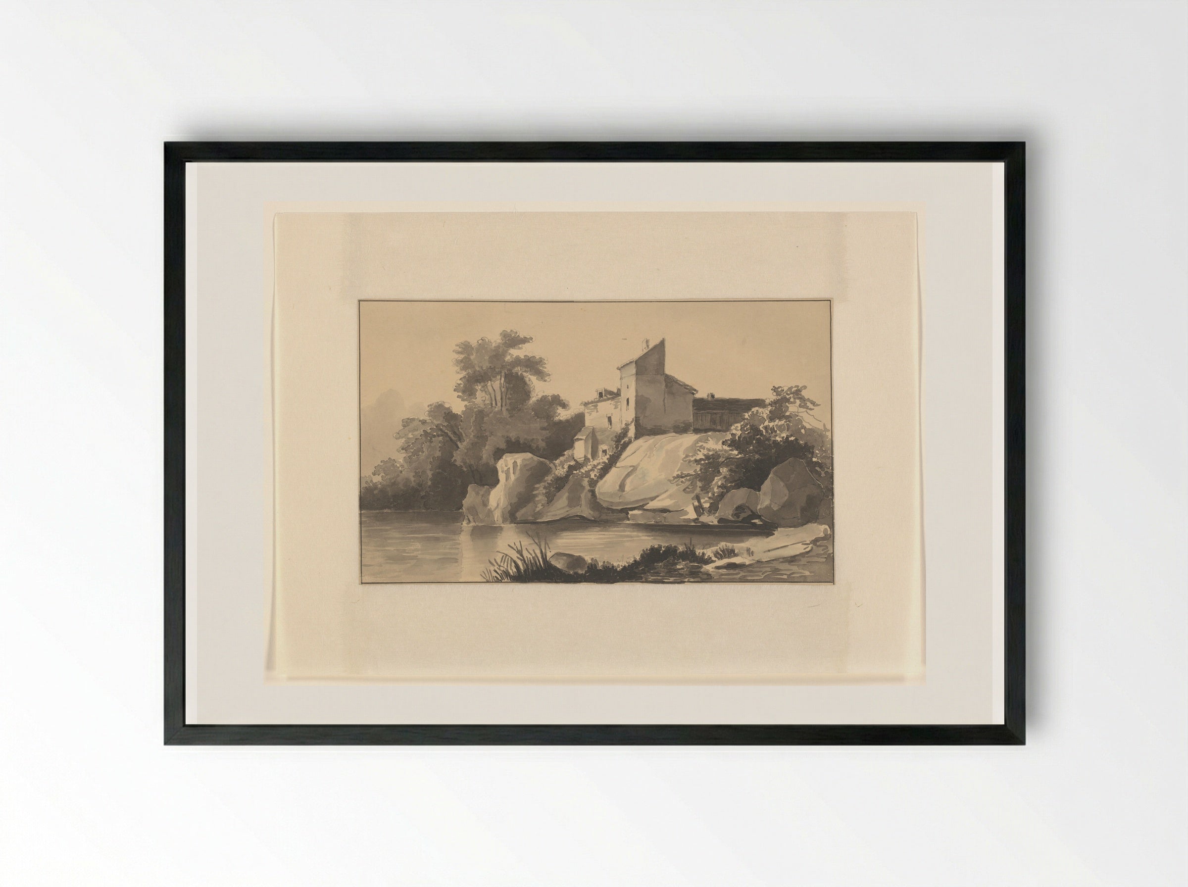 Huis aan een meer - Johannes van Reijn - Framed Print Black