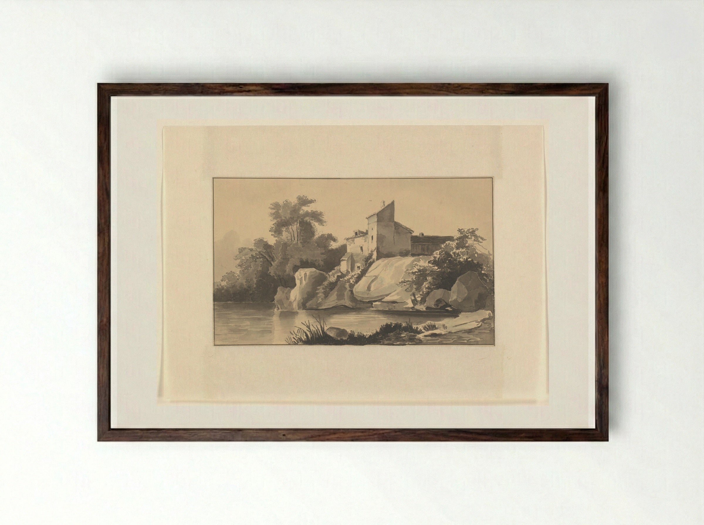 Huis aan een meer - Johannes van Reijn - Framed Print Dark Wood