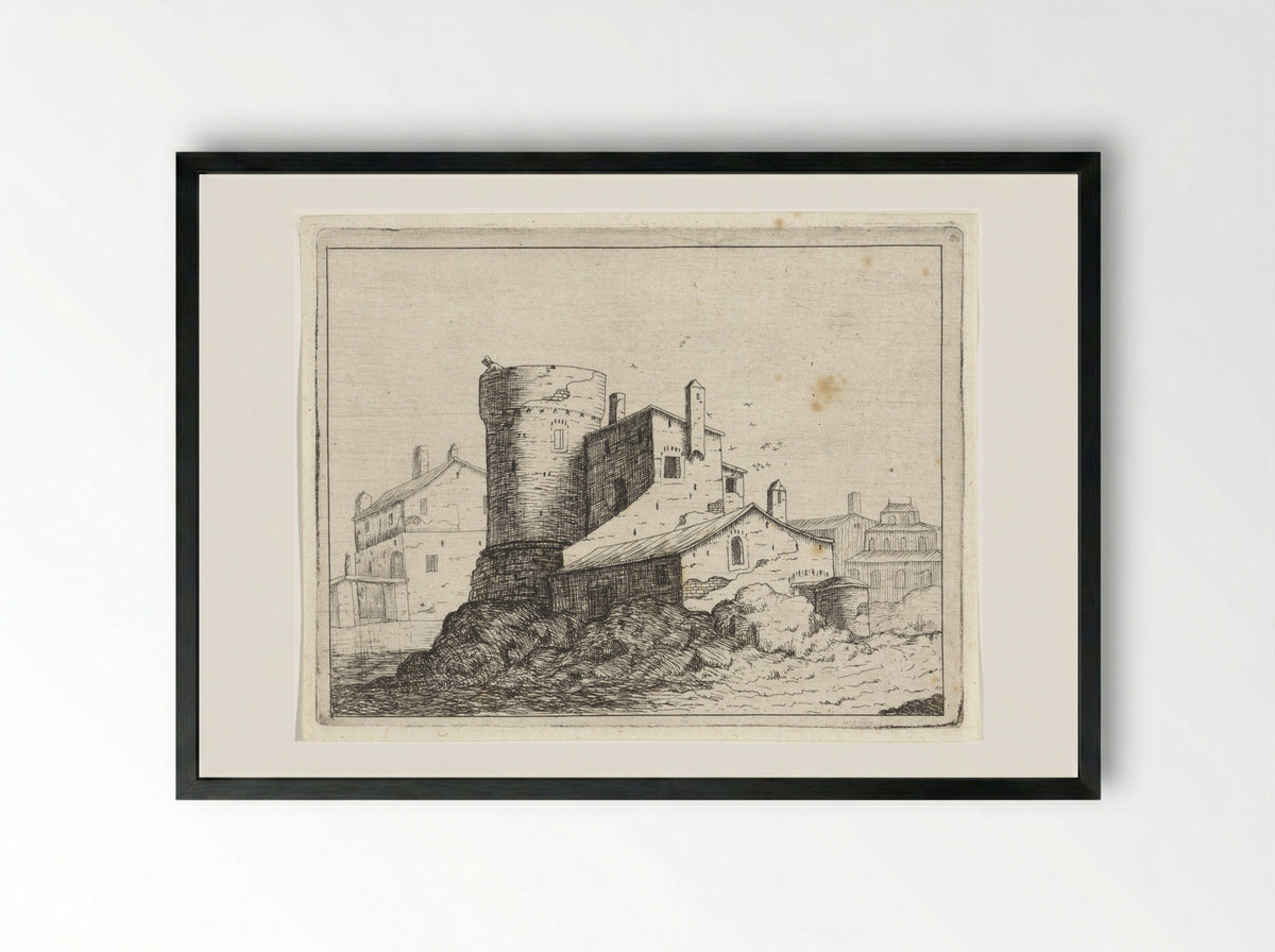 Huis tegen een ronde toren - M. Schaep - Framed Print Black