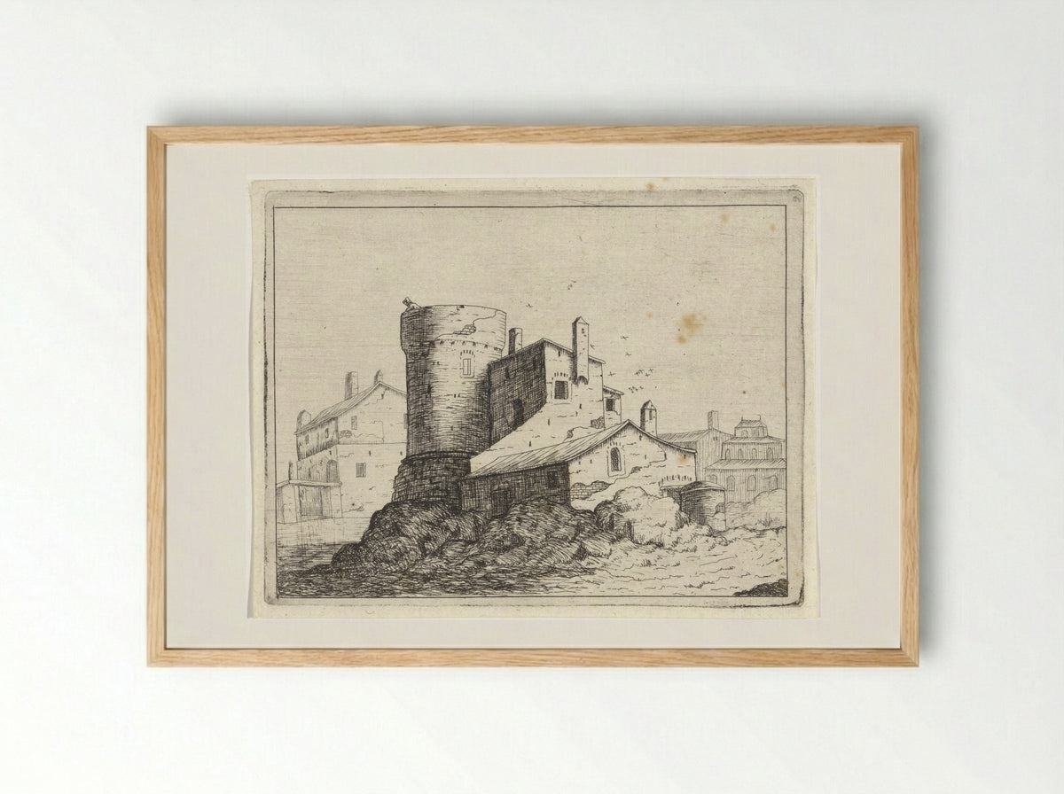 Huis tegen een ronde toren - M. Schaep - Framed Print Wood