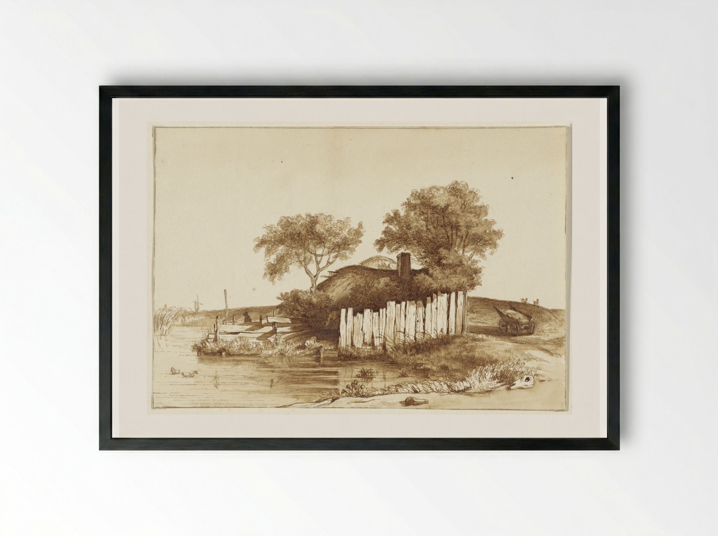 Huisje met omheind erf aan het water - Hendrik Abraham Klinkhamer - Framed Print Black