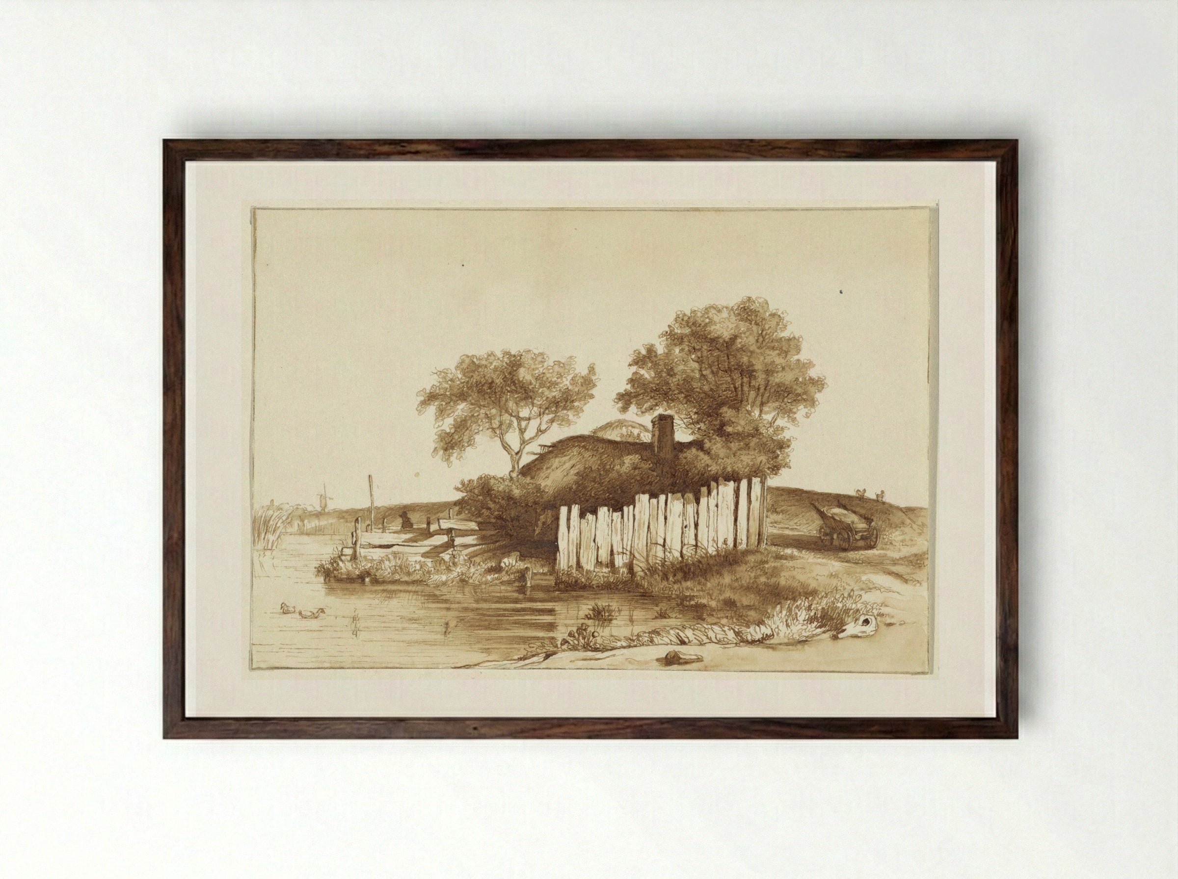 Huisje met omheind erf aan het water - Hendrik Abraham Klinkhamer - Framed Print Dark Wood